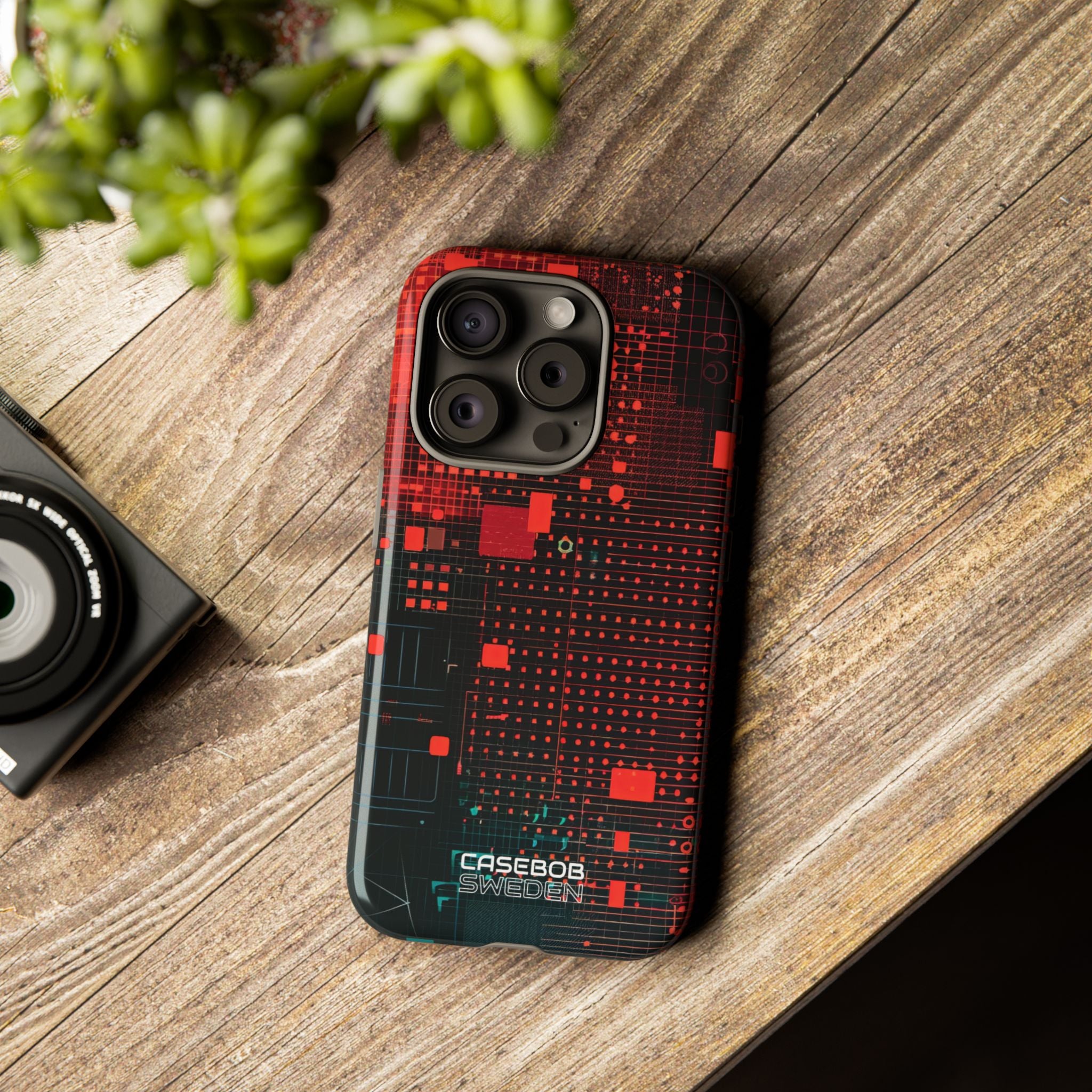 Crimson Circuit Grid iPhone 15 - Tough