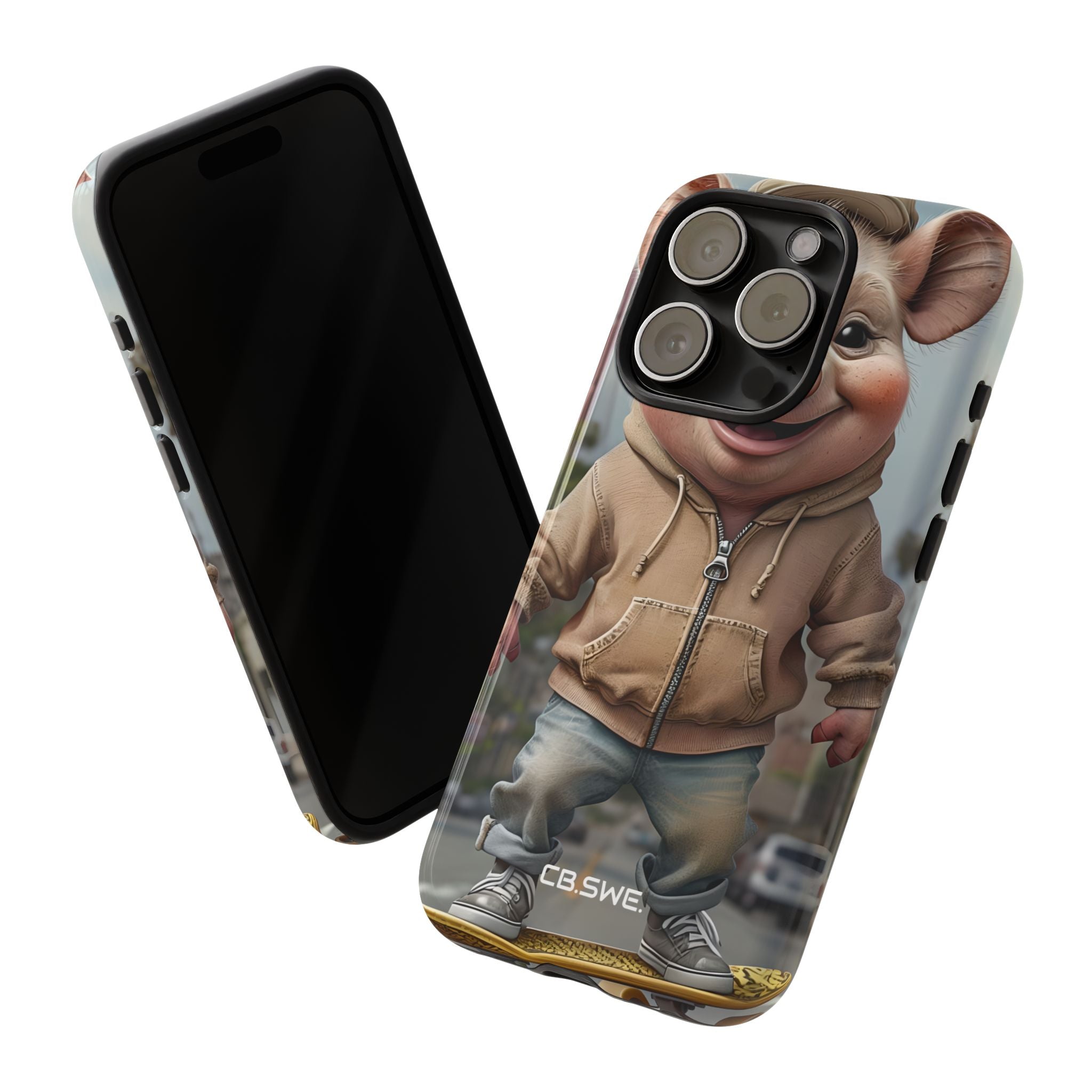 Playful Anthropomorphic Pig Skateboarding Illustration Art iPhone 15 - Tough