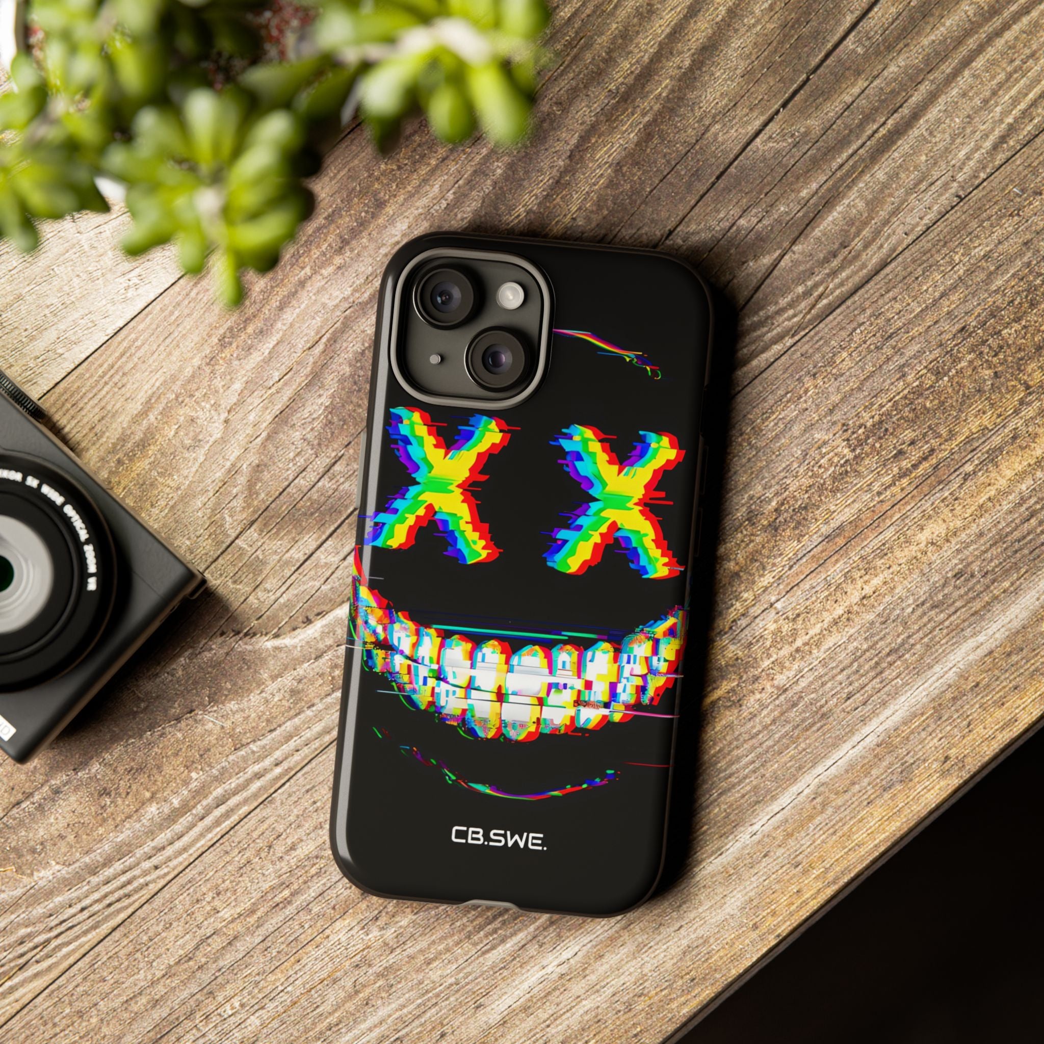 Sinister Glitch Art Smiley Face Digital Phone iPhone 15 - Tough