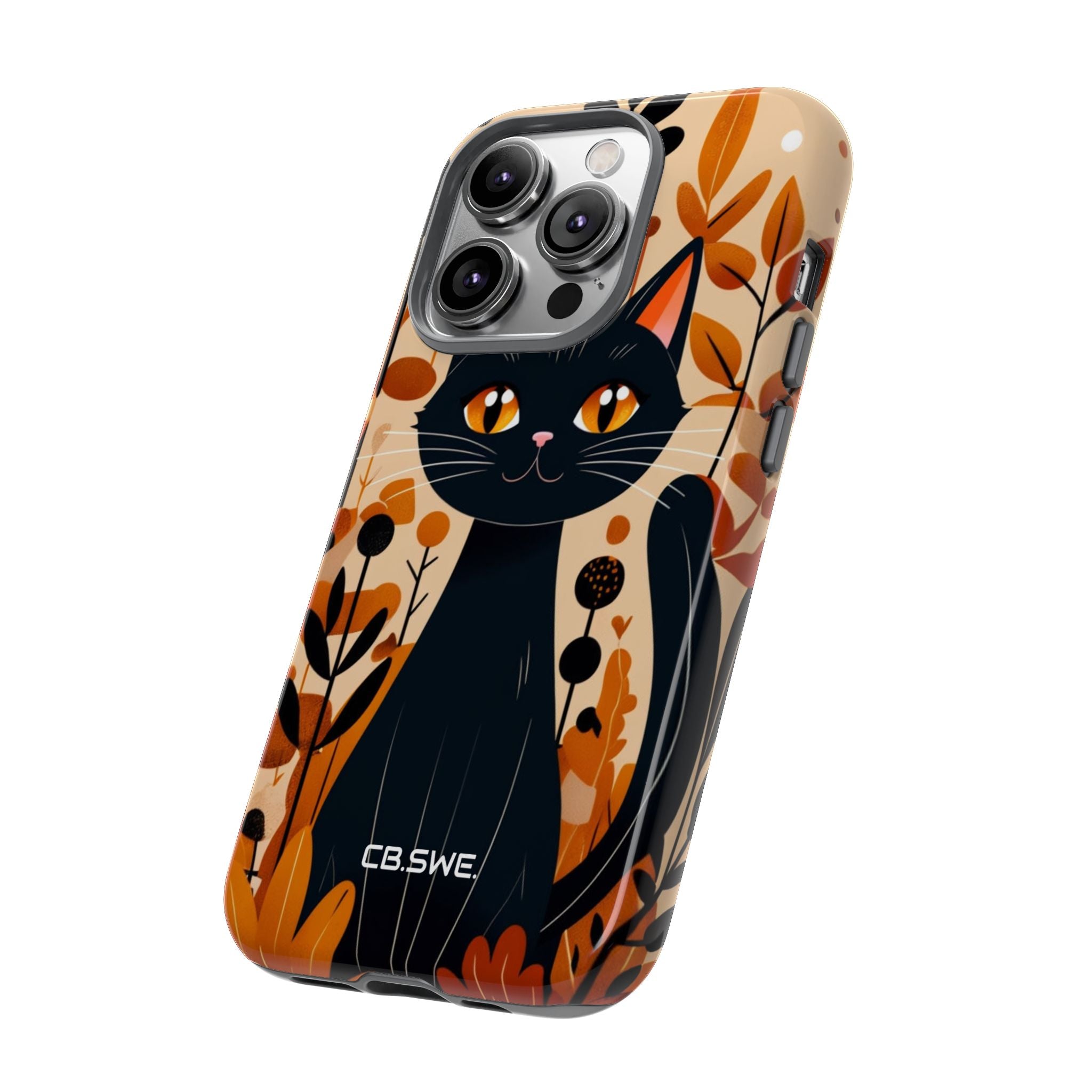 Whimsical Cartoon Black Cat Surrounded by Stylized Plants Mobile Wallpaper iPhone 14 - Tough
