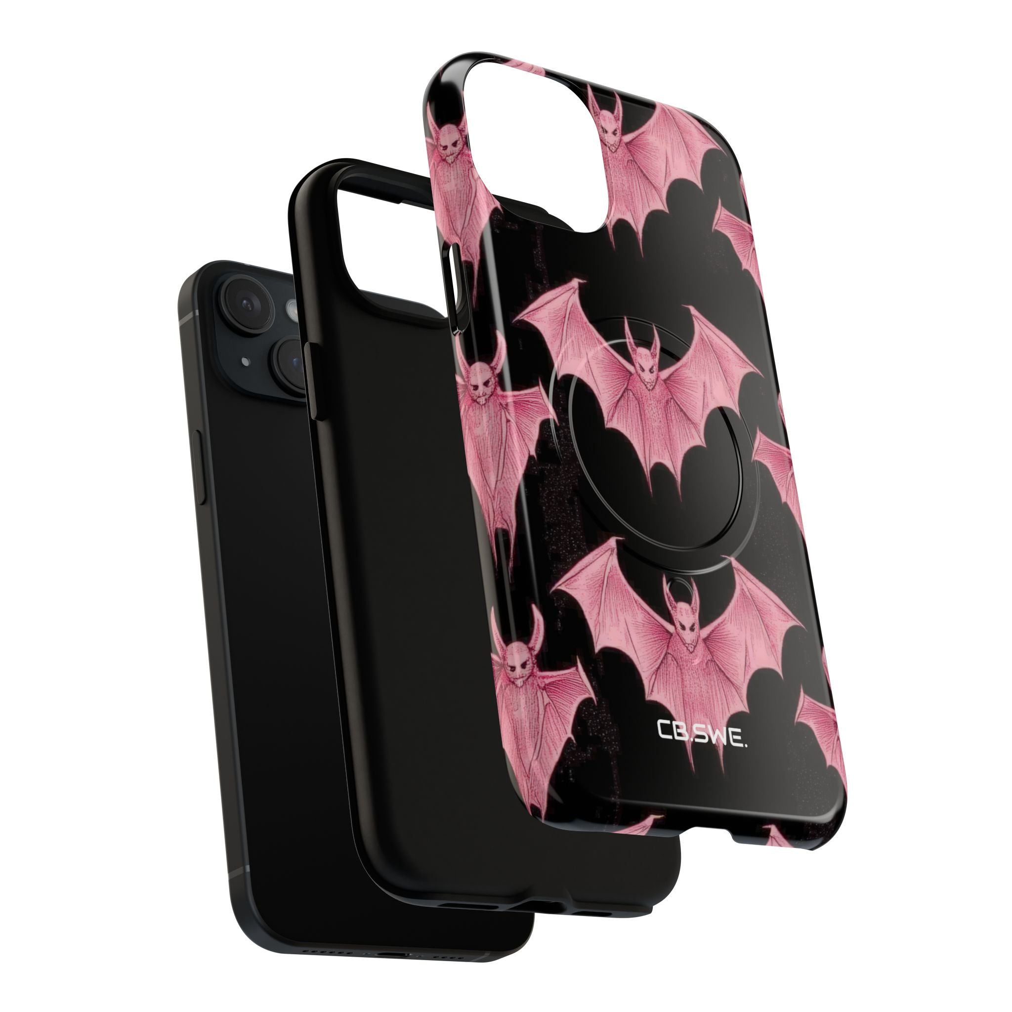 Pink Bat on Black Symmetrical iPhone 15 - Tough+