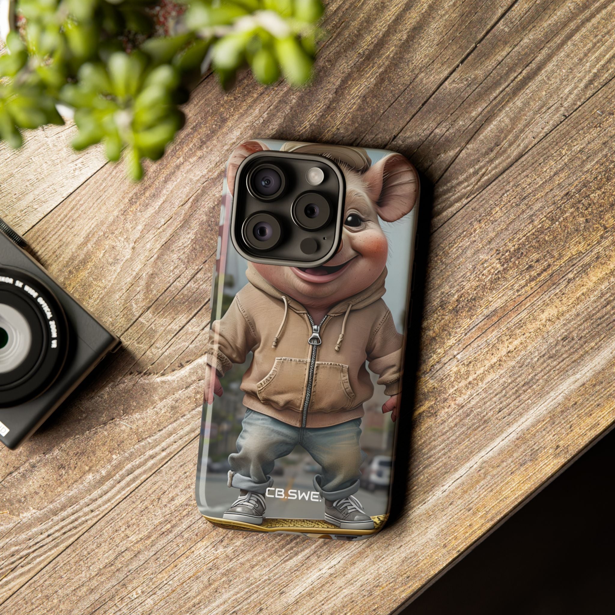 Playful Anthropomorphic Pig Skateboarding Illustration Art iPhone 15 - Tough