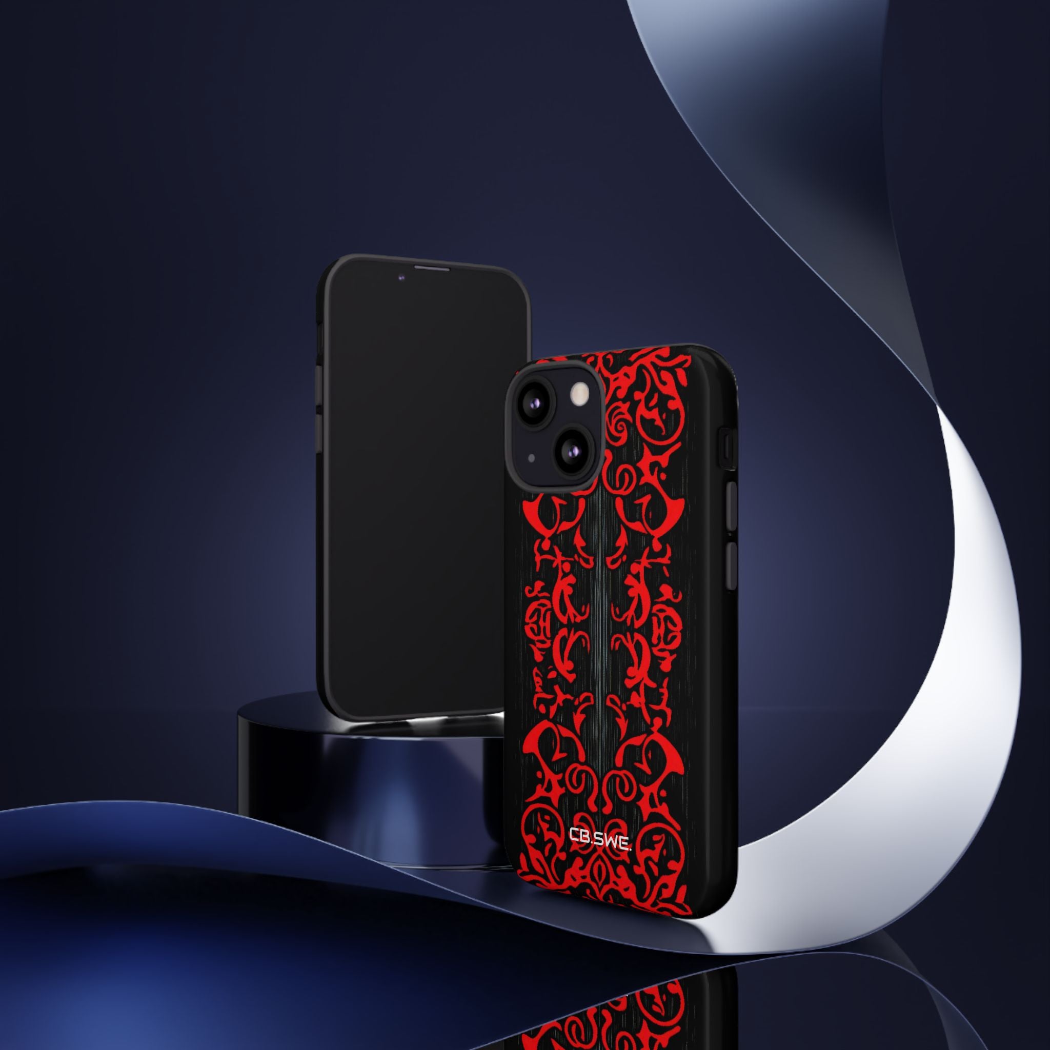 Red symmetrical tribal filigree line iPhone 13 - Tough