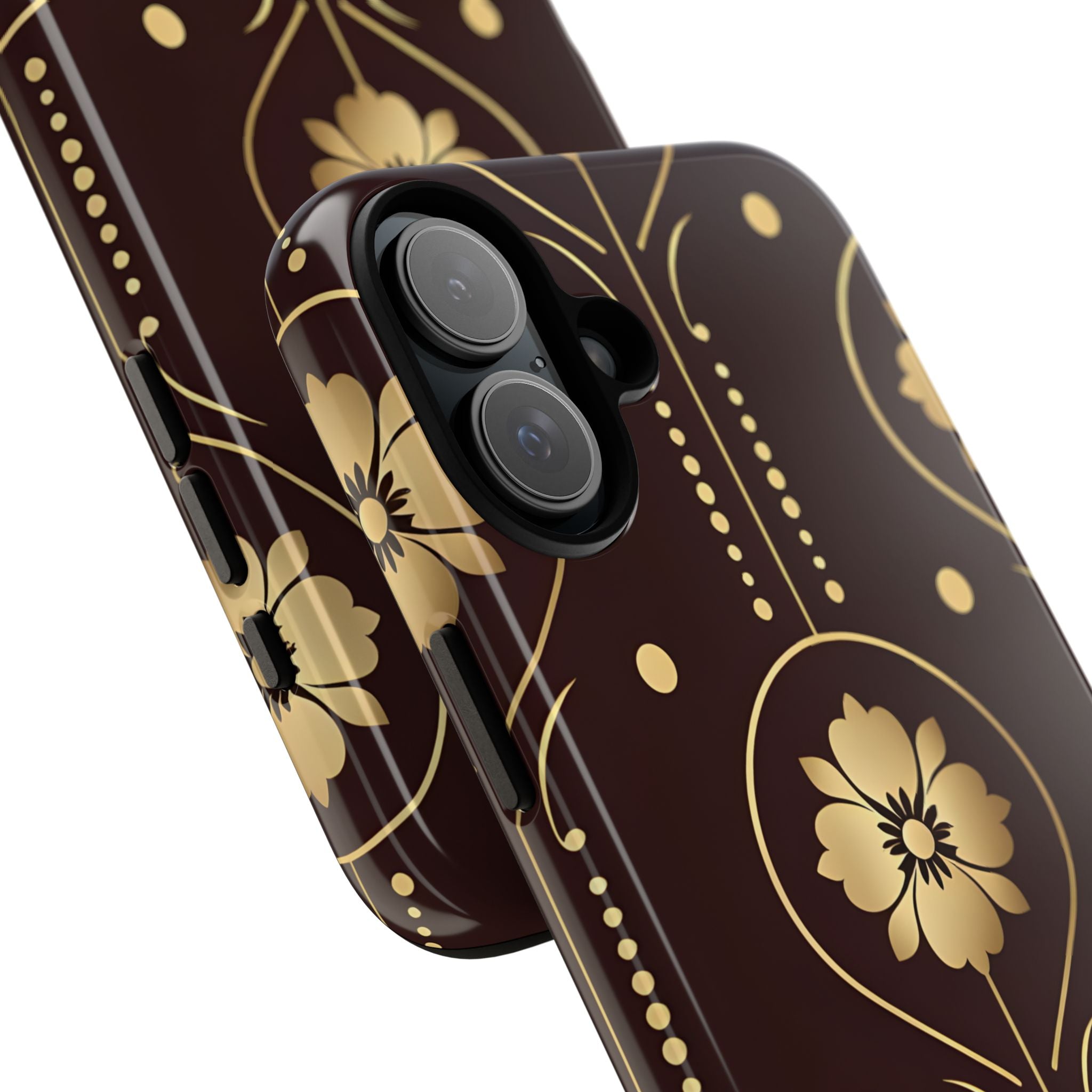 Elegant Gold Floral Symmetrical on Dark Brown iPhone 16 - Tough
