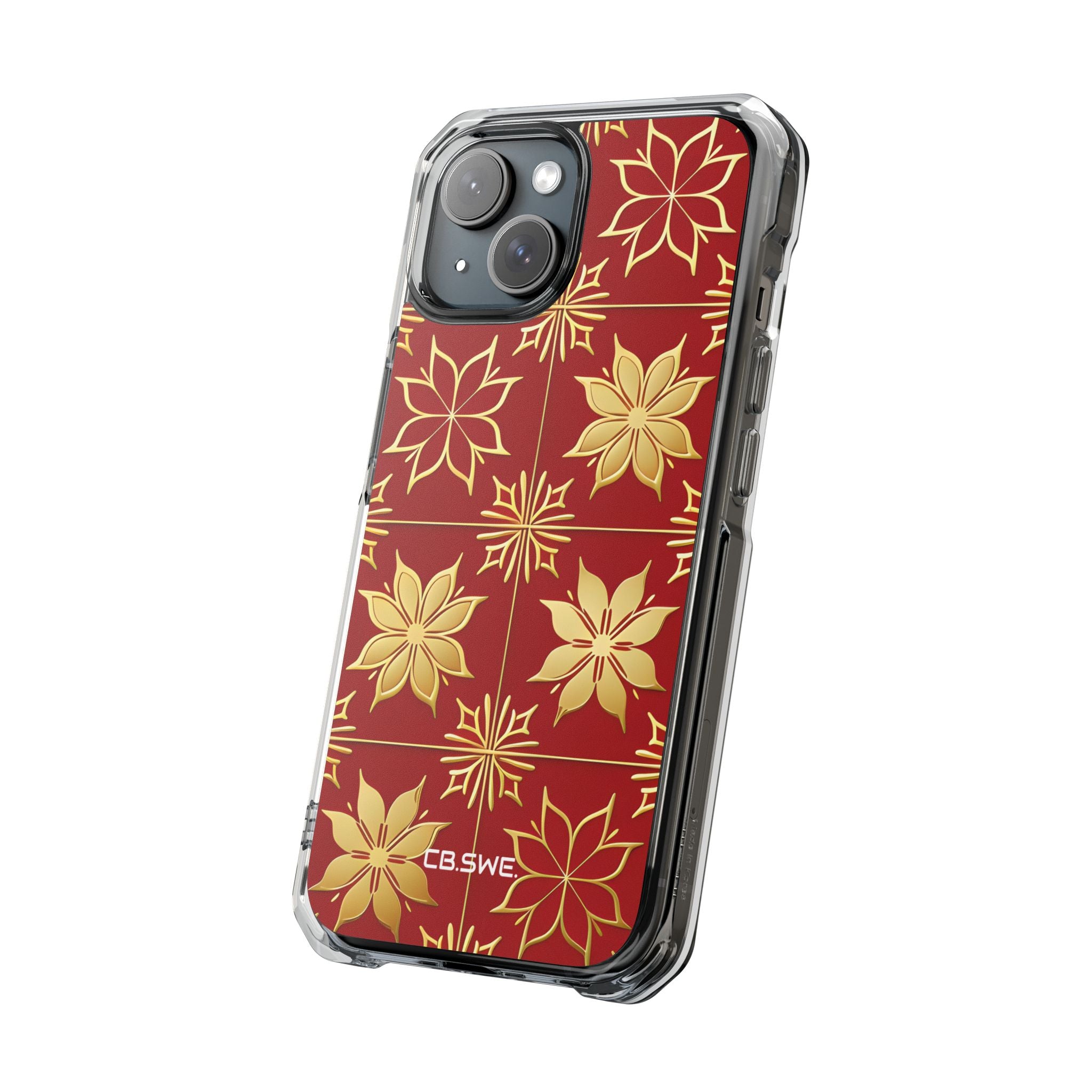 Elegantes Gold Floral Seamless Rich Red iPhone 15 - Impact Clear+
