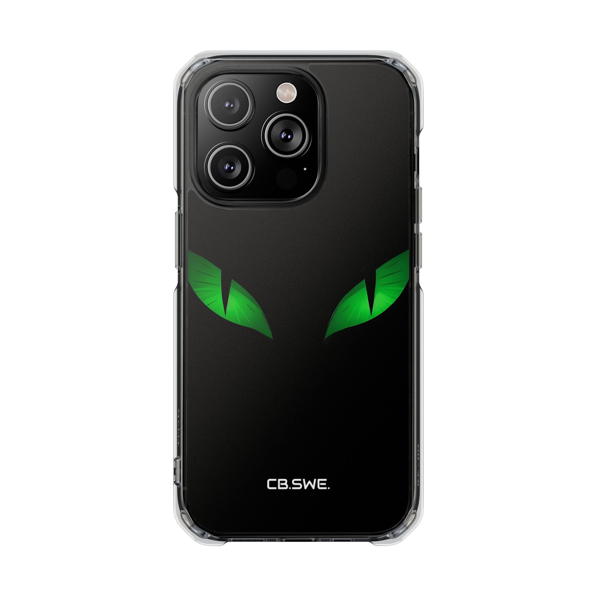 Leuchtend grüne Augen auf schwarzem iPhone 14 – Impact Clear+
