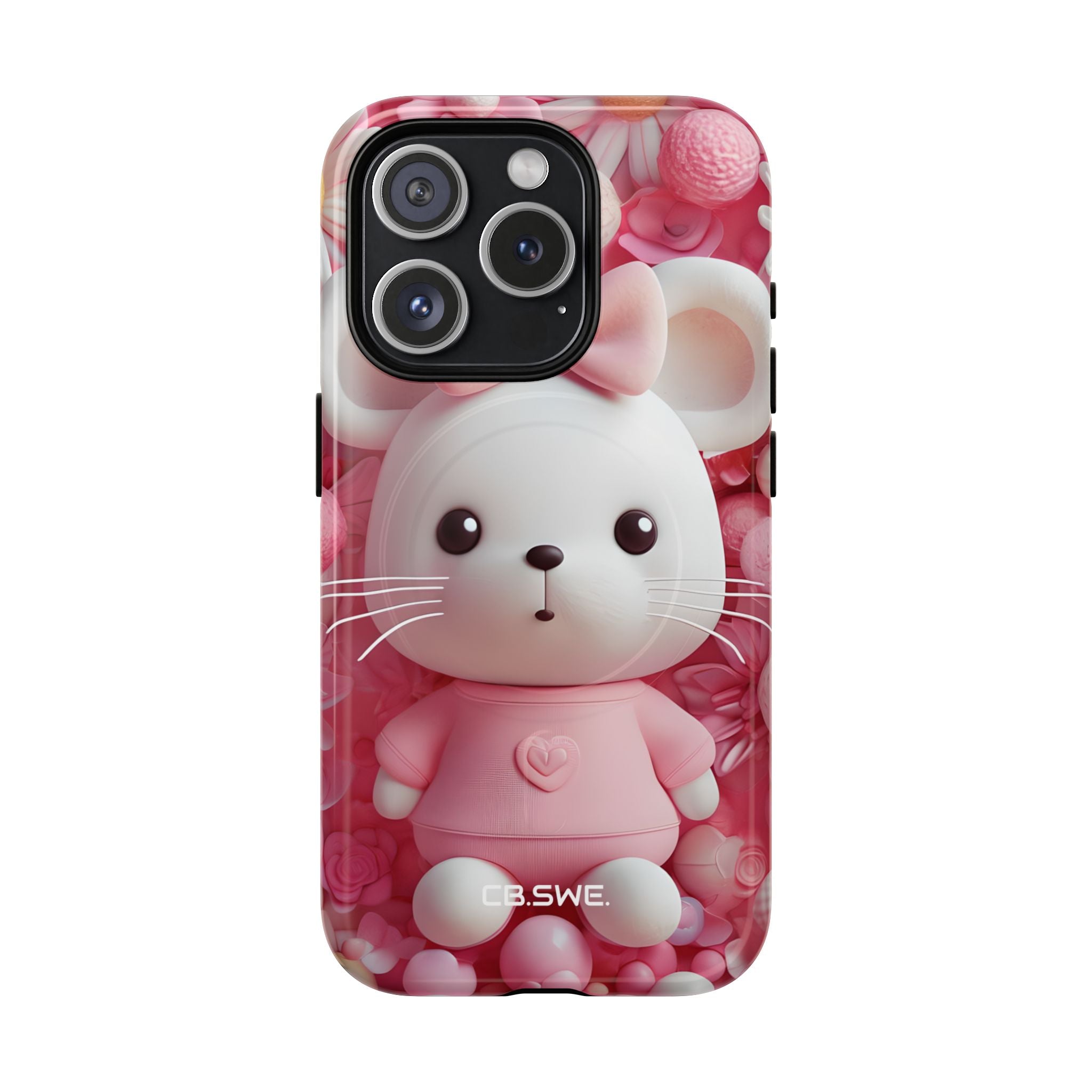 Adorable 3D Rendered White Mouse Plush Toy Floral iPhone 15 - Tough+