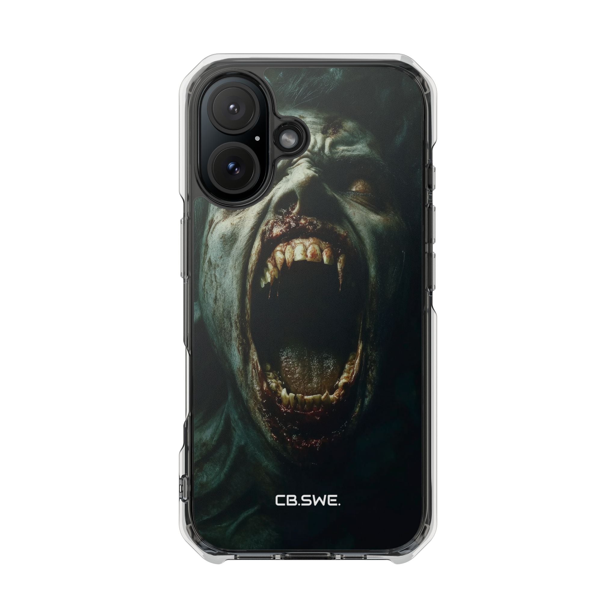 Ein Zombie mit scharfen Zähnen und offenem Mund, der Vampir zeigt. iPhone 16 – Impact Clear+