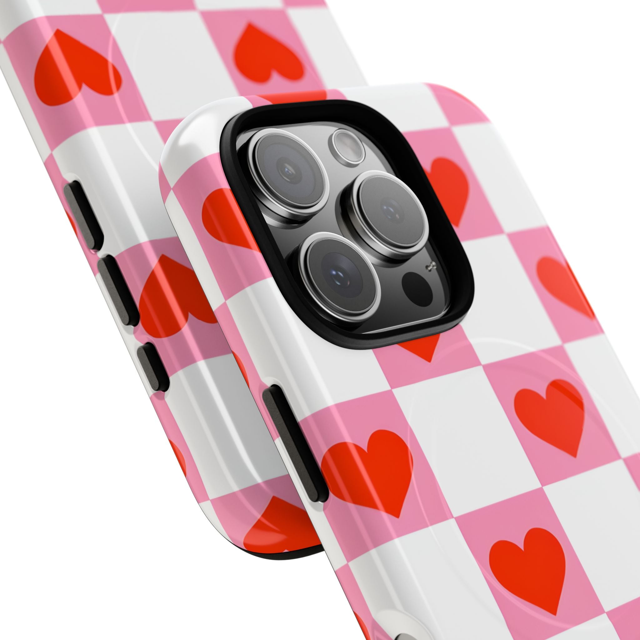 Charming Pink White Checkerboard Heart Shapes iPhone 16 - Tough+