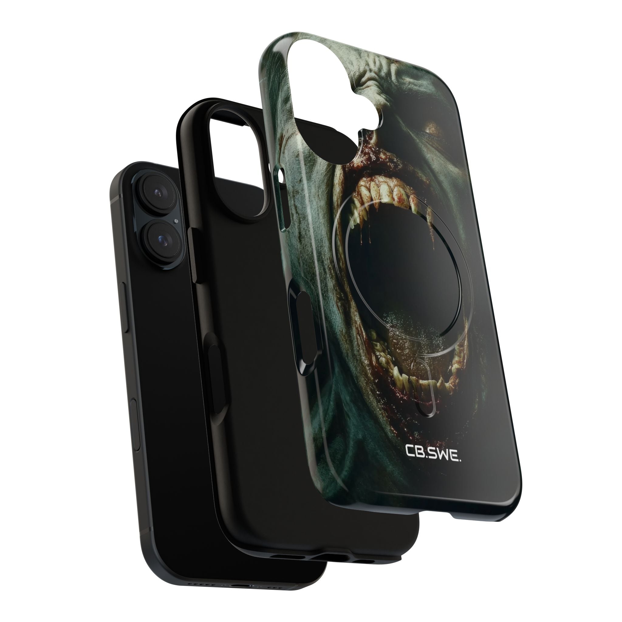 Ein Zombie mit scharfen Zähnen und offenem Mund, der Vampir zeigt. iPhone 16 – Robust+