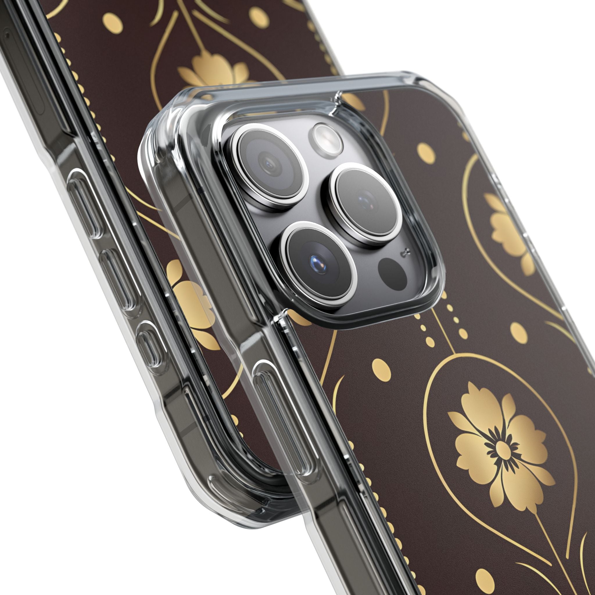 Elegant Gold Floral Symmetrical on Dark Brown iPhone 15 - Impact Clear+