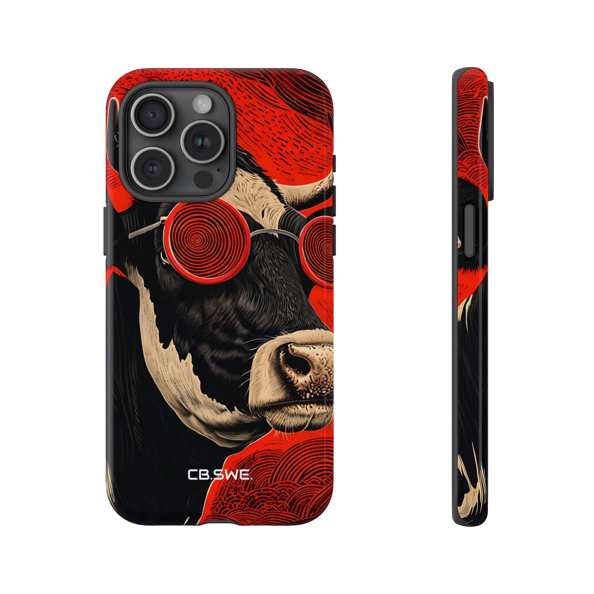 Surreal Black White Cow Red Spiral Sunglasses iPhone 15 - Tough