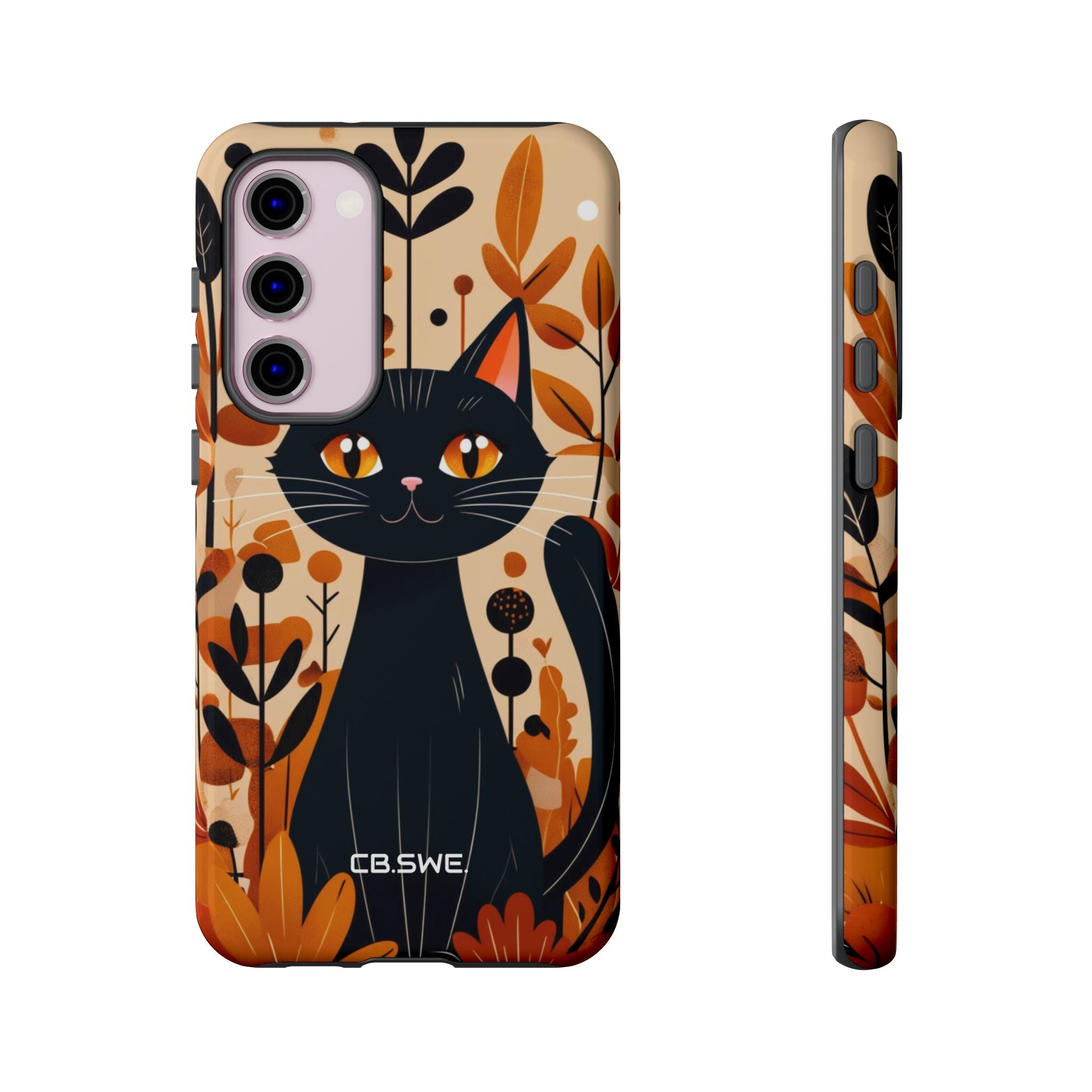 Whimsical Cartoon Black Cat Surrounded by Stylized Plants Mobile Wallpaper Samsung S23 - Tough