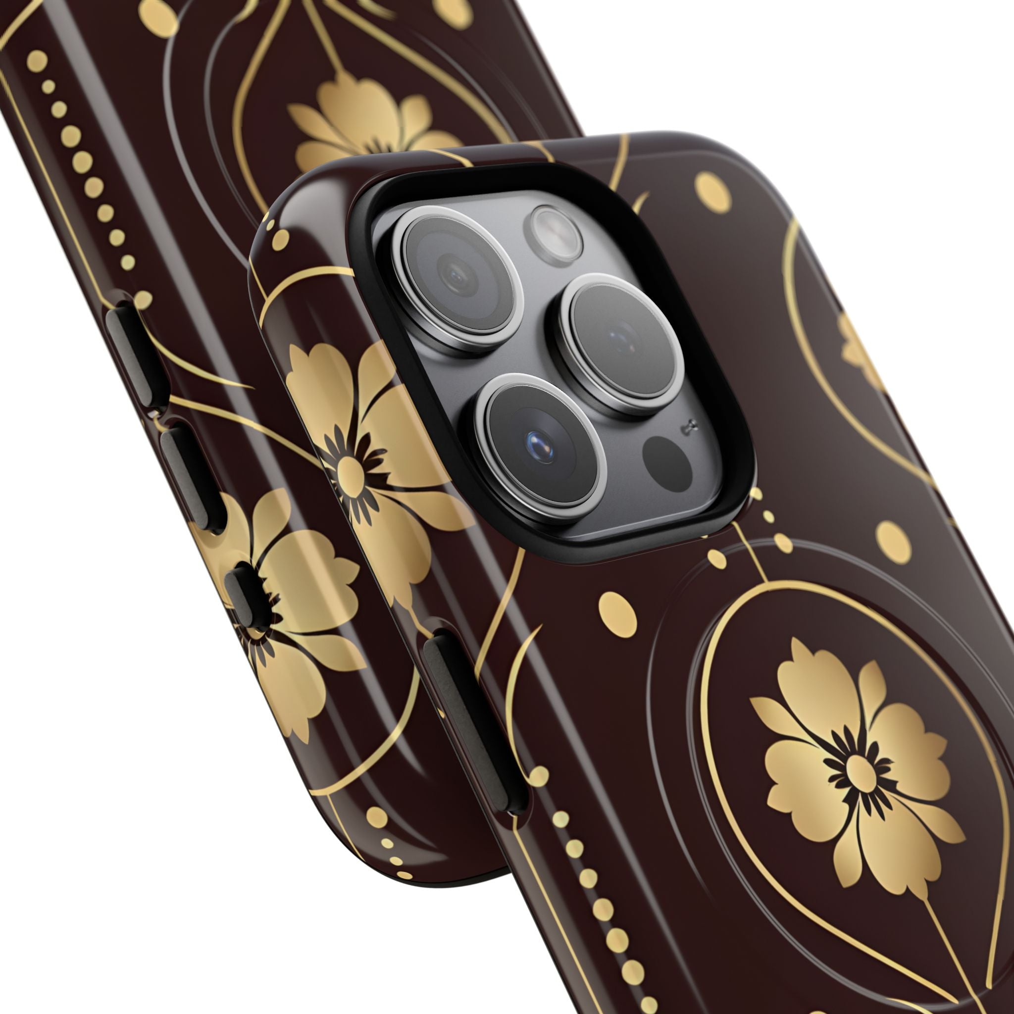 Elegant Gold Floral Symmetrical on Dark Brown iPhone 15 - Tough+