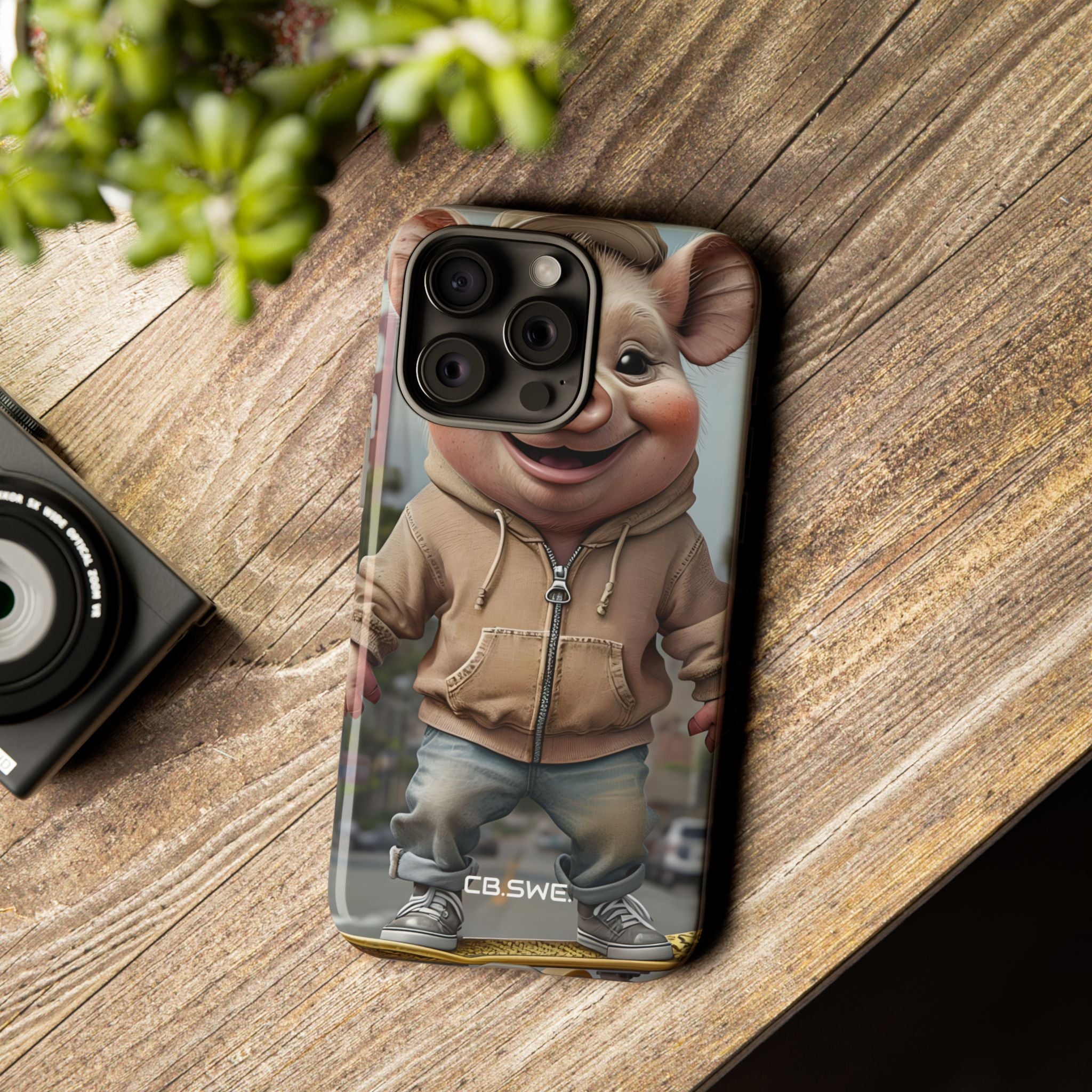 Playful Anthropomorphic Pig Skateboarding Illustration Art iPhone 15 - Tough
