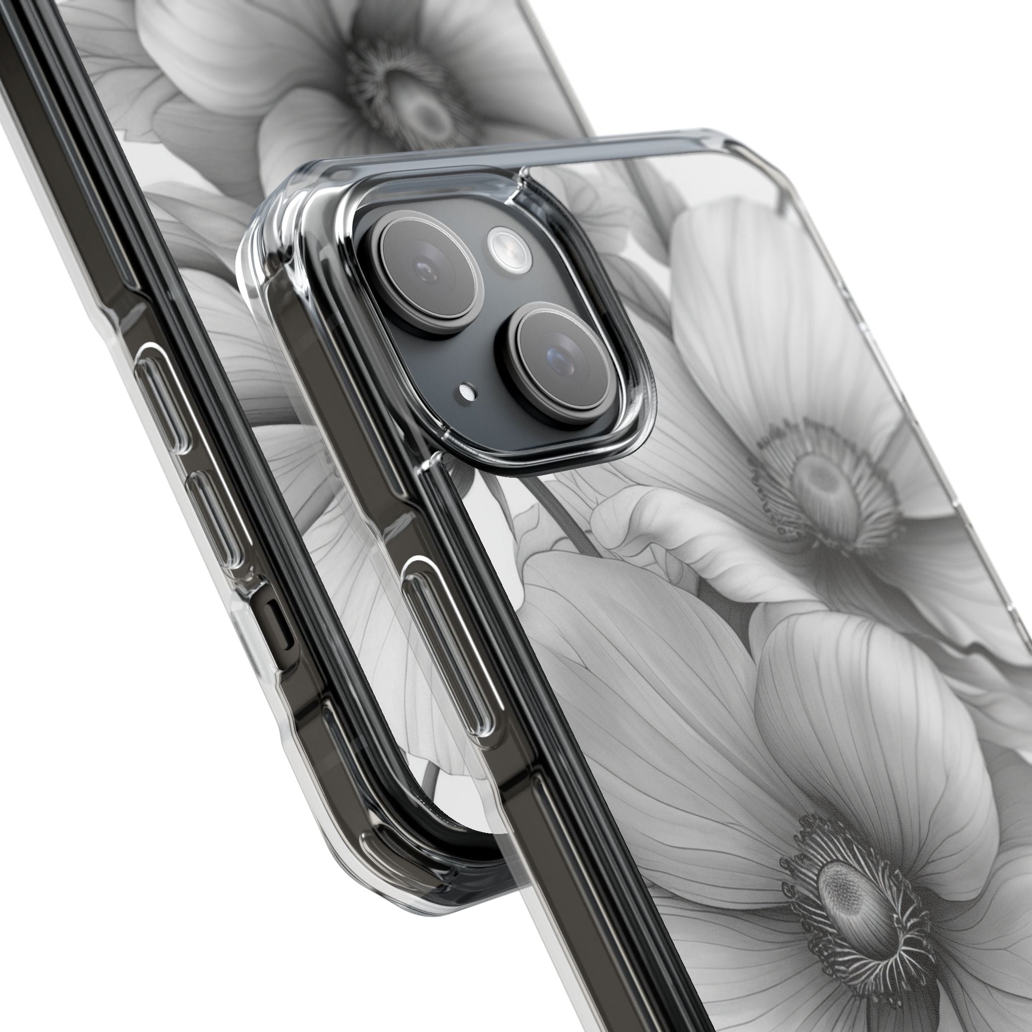 Grayscale Floral Harmony iPhone 15 - Impact Clear+