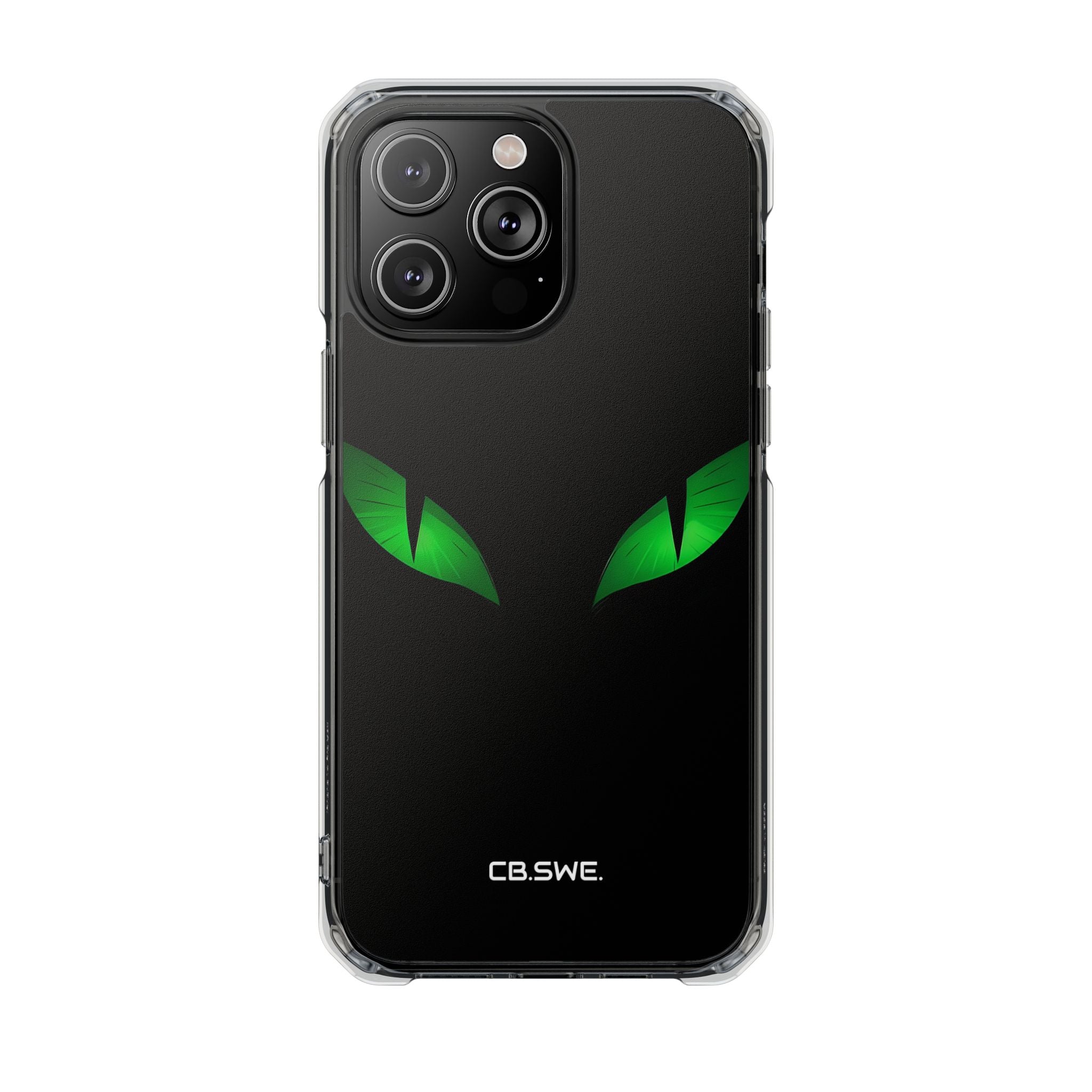 Leuchtend grüne Augen auf schwarzem iPhone 14 – Impact Clear+