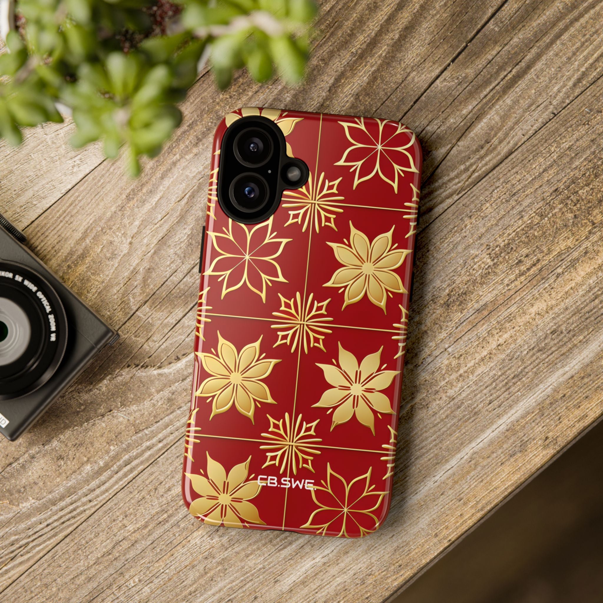 Elegantes Gold Floral Seamless Rich Red iPhone 16 - Tough