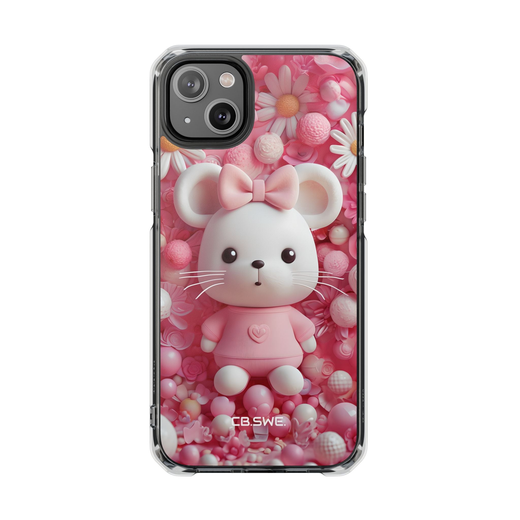 Adorable 3D Rendered White Mouse Plush Toy Floral iPhone 14 - Impact Clear+