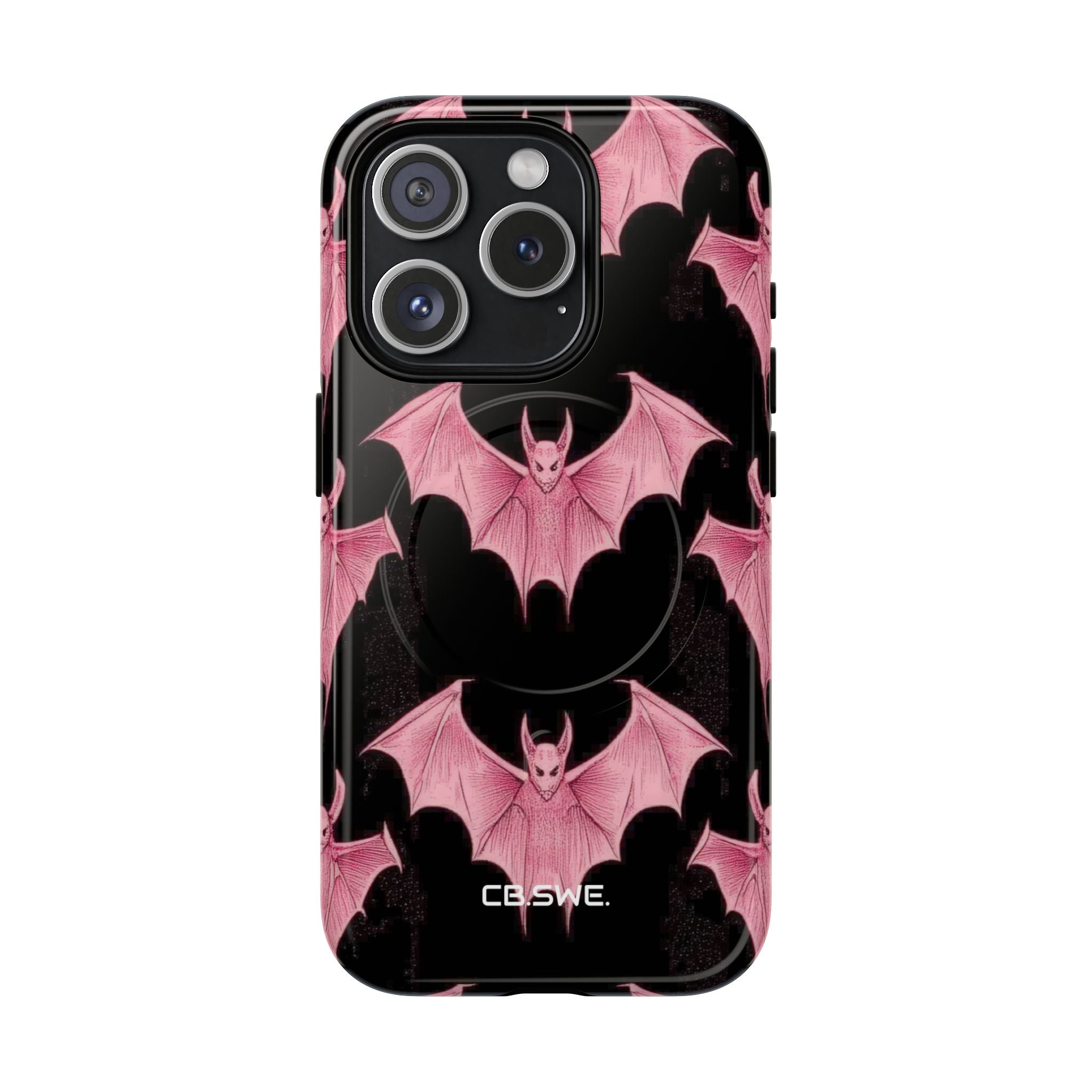 Pink Bat on Black Symmetrical iPhone 15 - Tough+