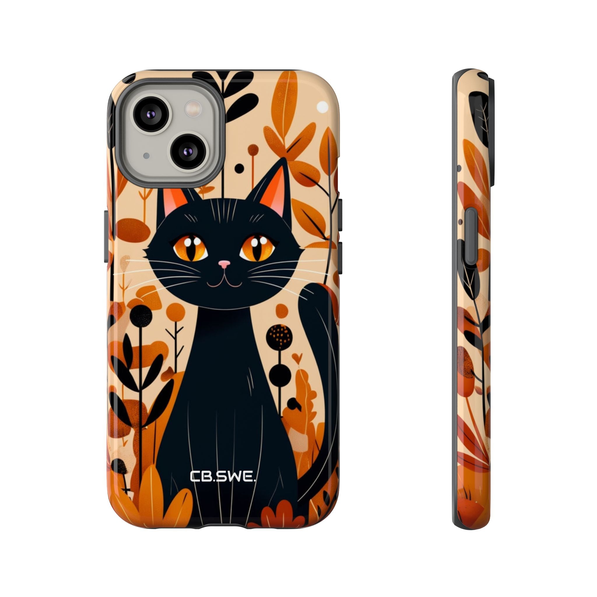 Whimsical Cartoon Black Cat Surrounded by Stylized Plants Mobile Wallpaper iPhone 14 - Tough