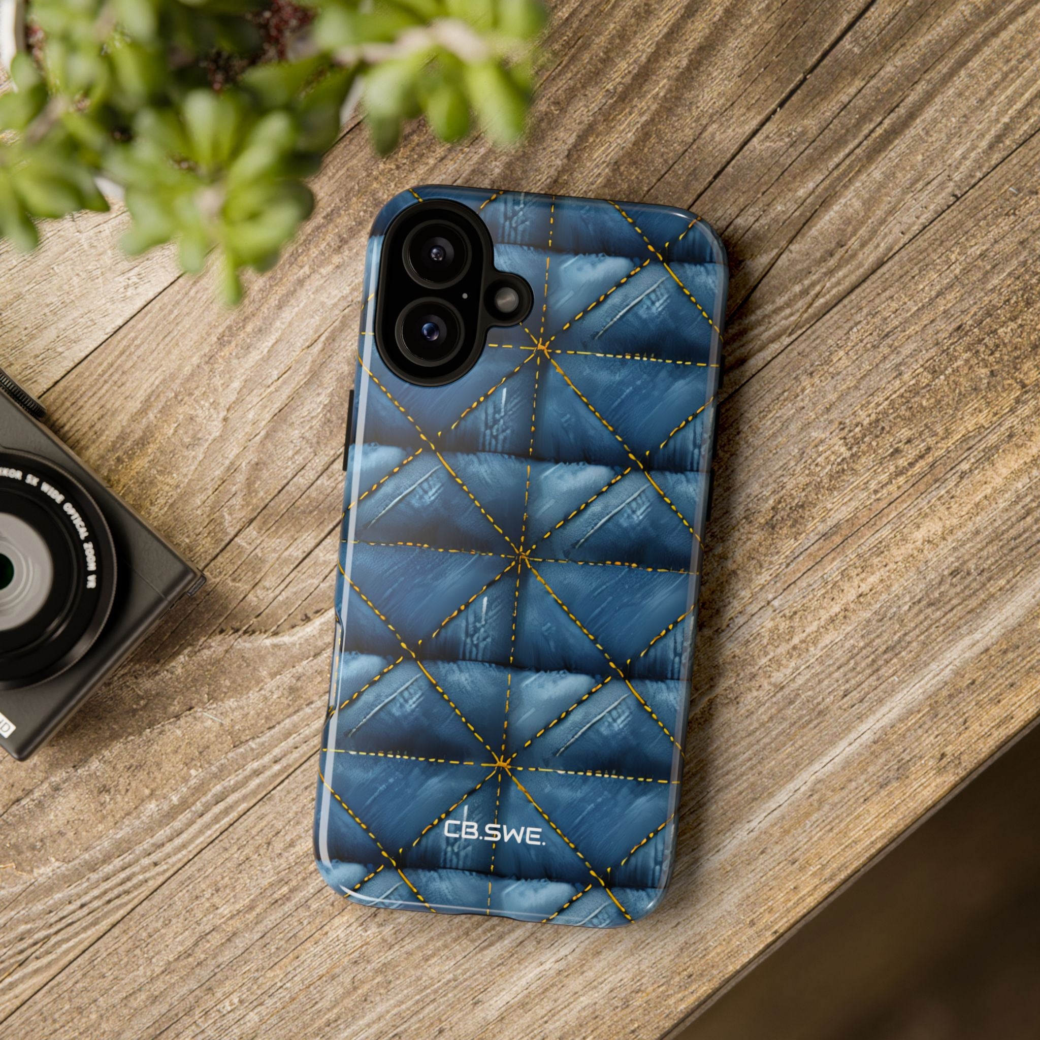 Blue Denim Quilted Yellow Stitching Seamless iPhone 16 - Tough