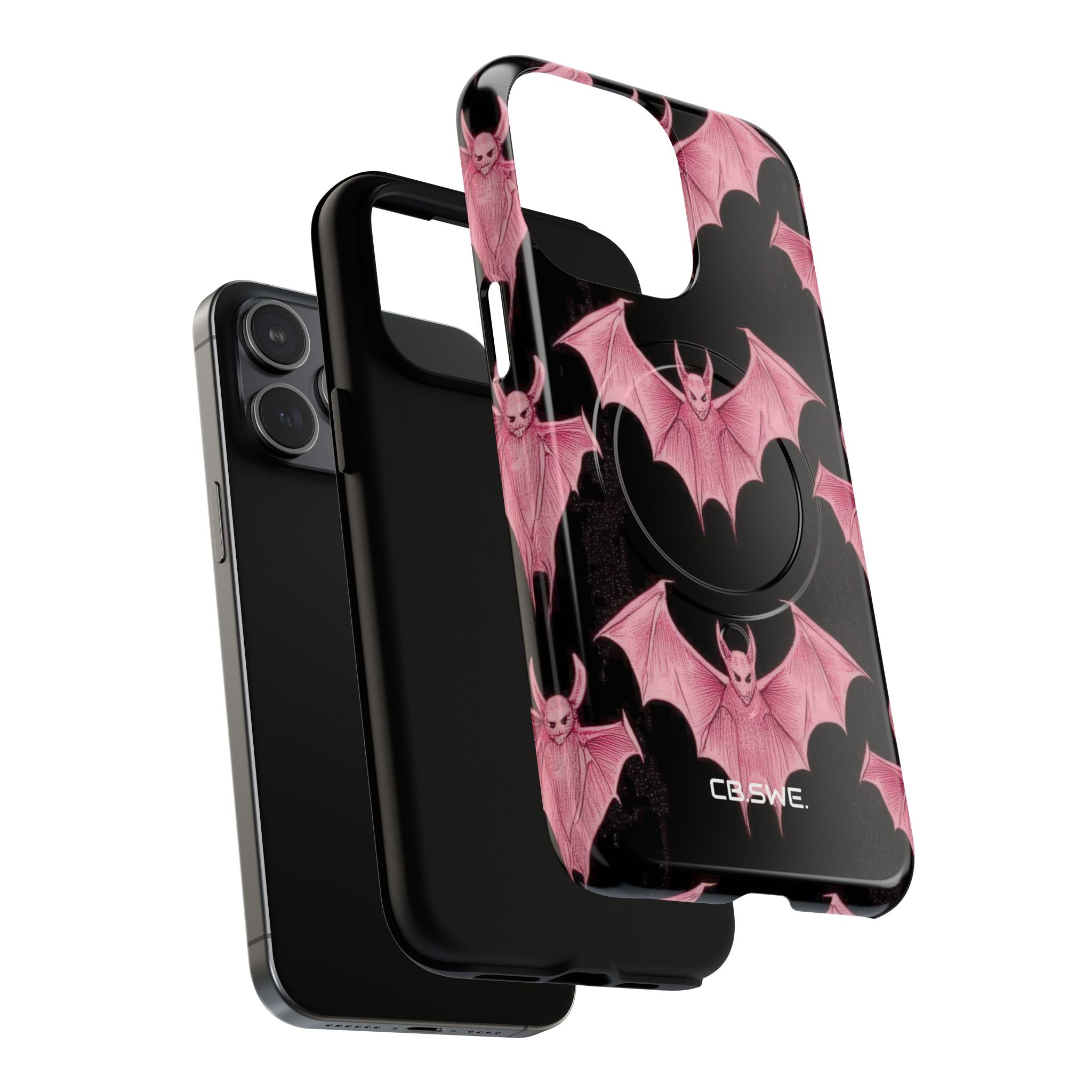 Pink Bat on Black Symmetrical iPhone 15 - Tough+