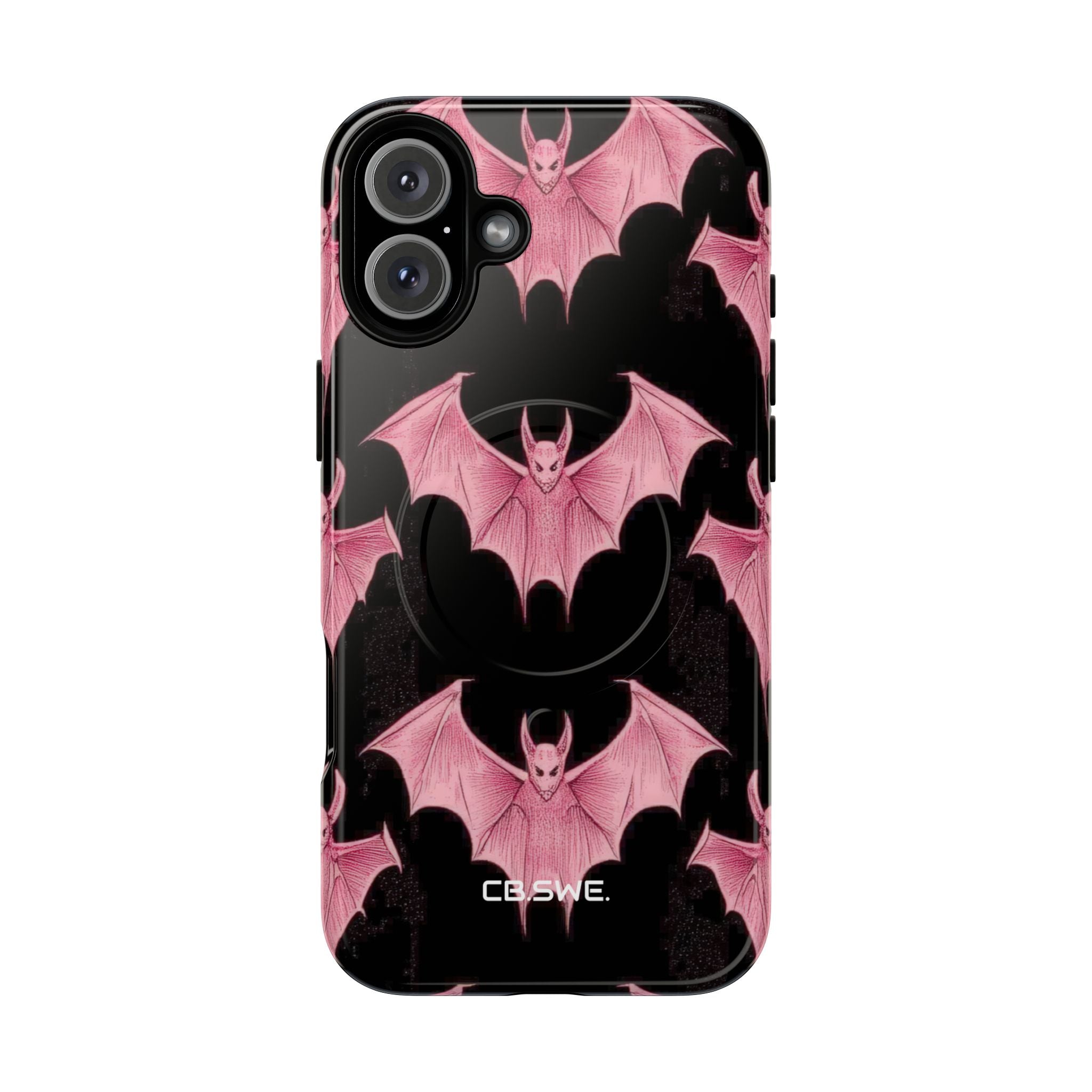 Pink Bat on Black Symmetrical iPhone 16 - Tough+