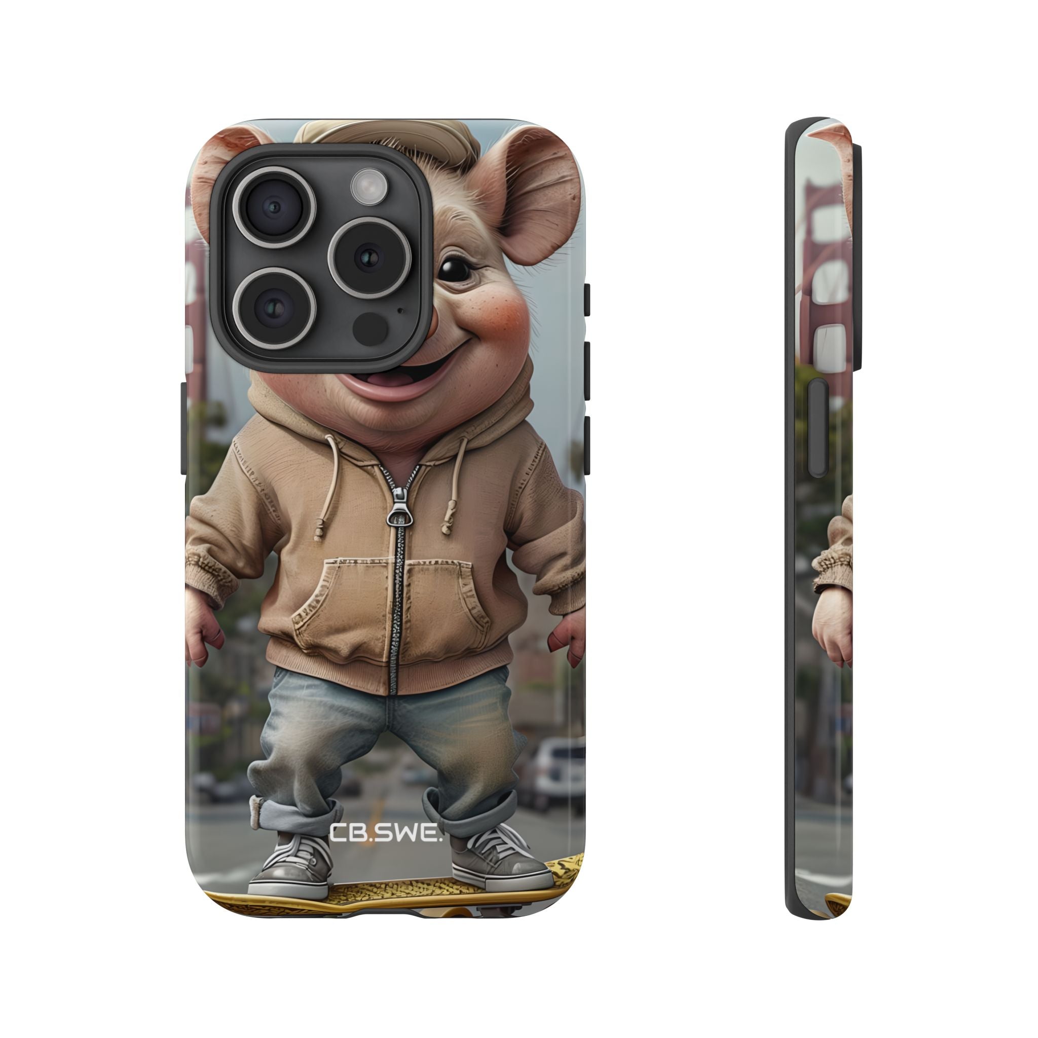 Playful Anthropomorphic Pig Skateboarding Illustration Art iPhone 15 - Tough