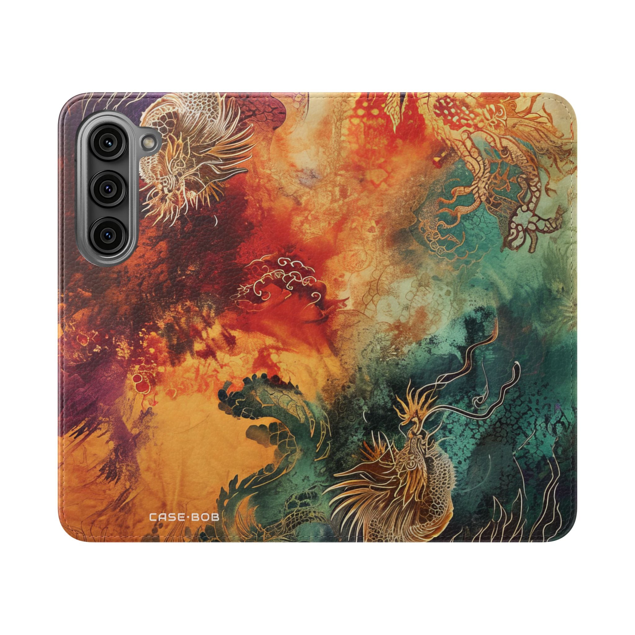 Kultaiset lohikäärmeet liekeissä - Samsung S23 -lompakkokotelo