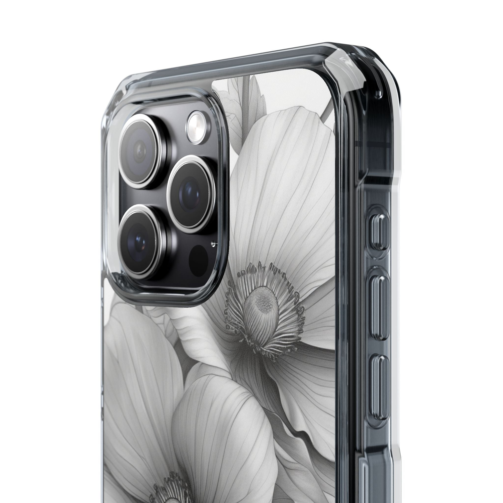 Grayscale Floral Harmony iPhone 15 - Impact Clear+