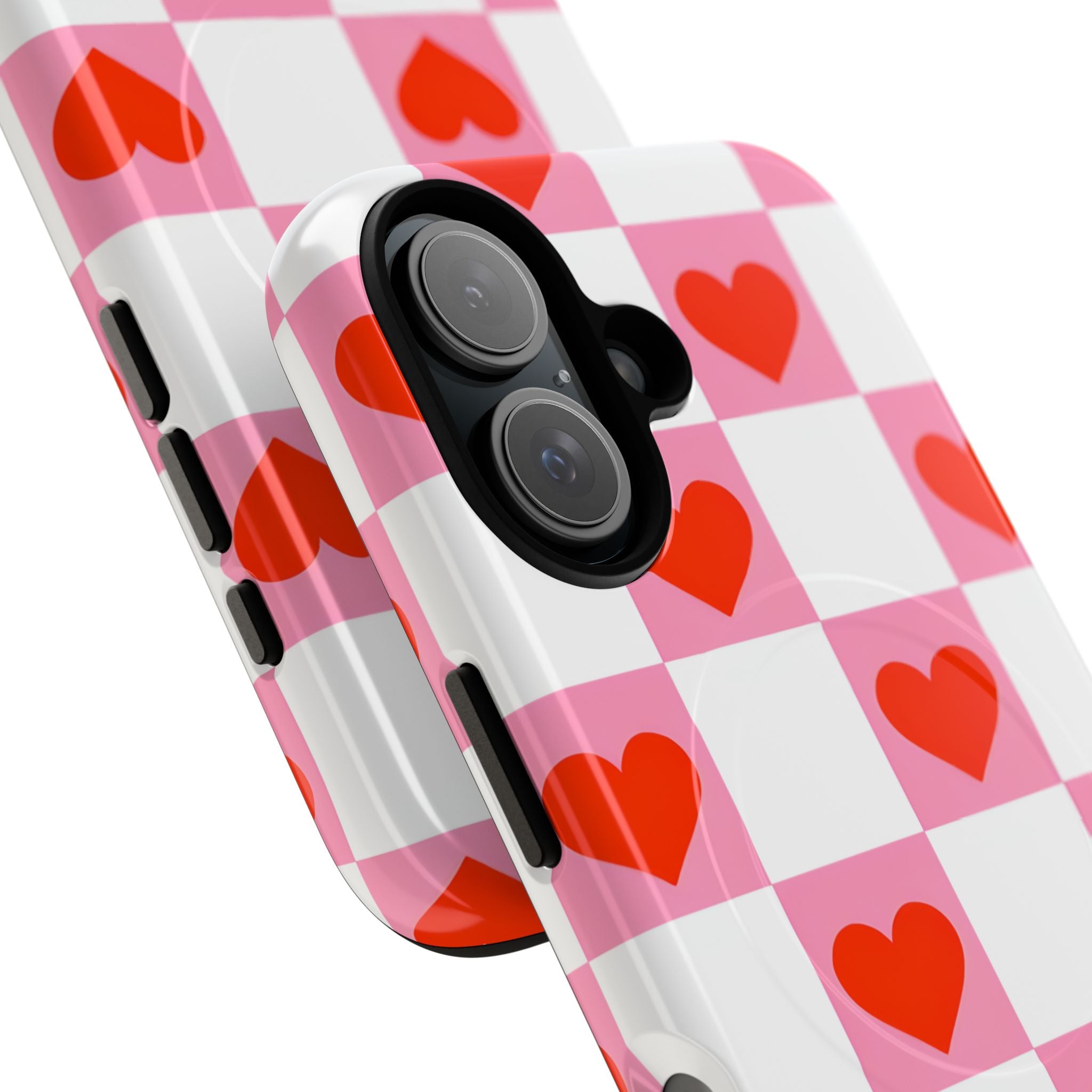 Charming Pink White Checkerboard Heart Shapes iPhone 16 - Tough+