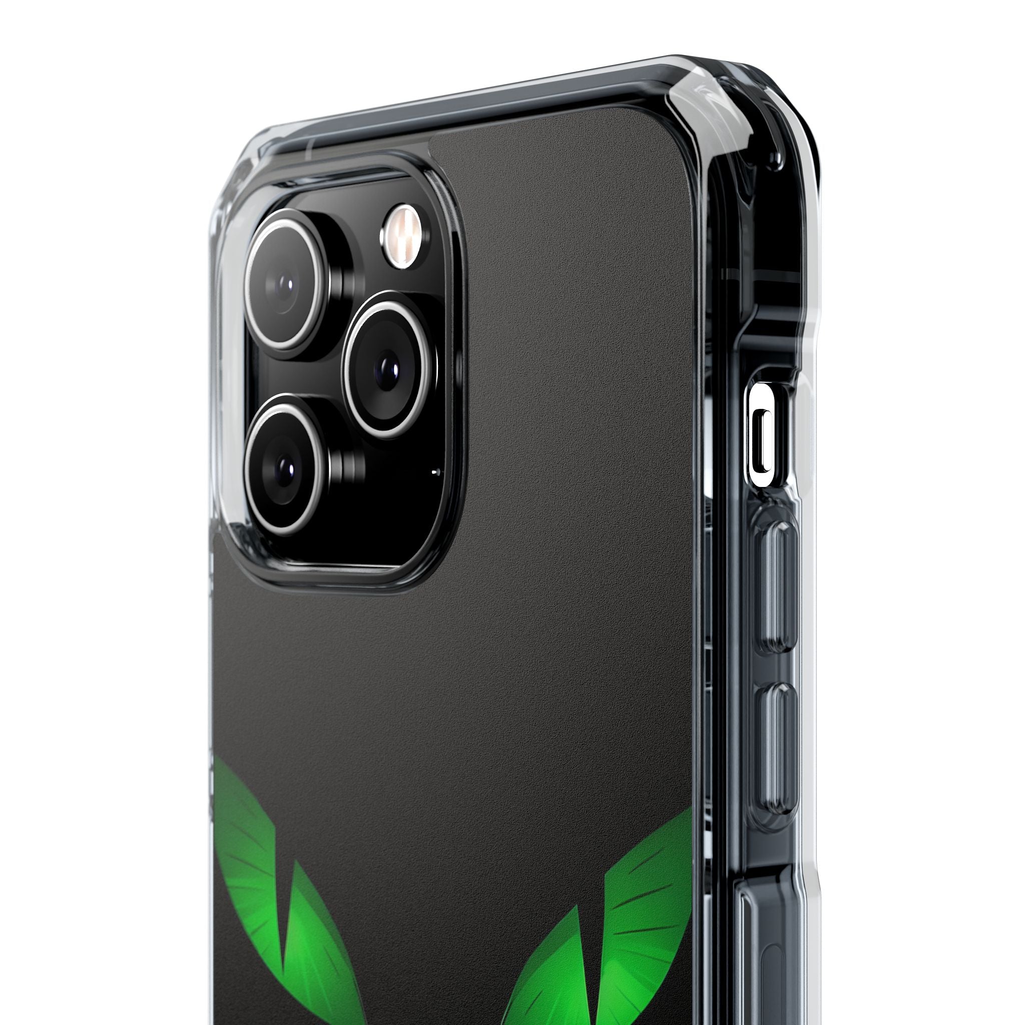 Leuchtend grüne Augen auf schwarzem iPhone 14 – Impact Clear+