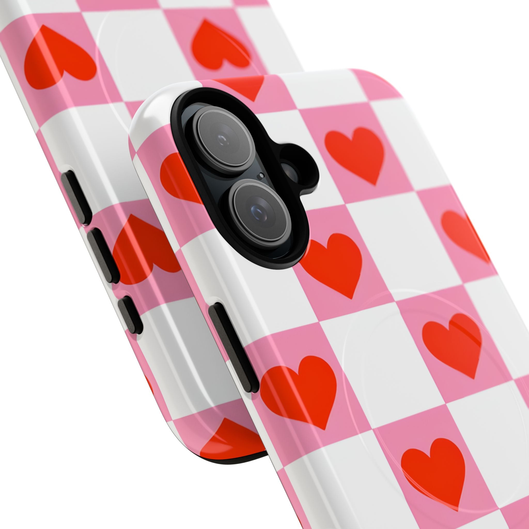 Charming Pink White Checkerboard Heart Shapes iPhone 16 - Tough+