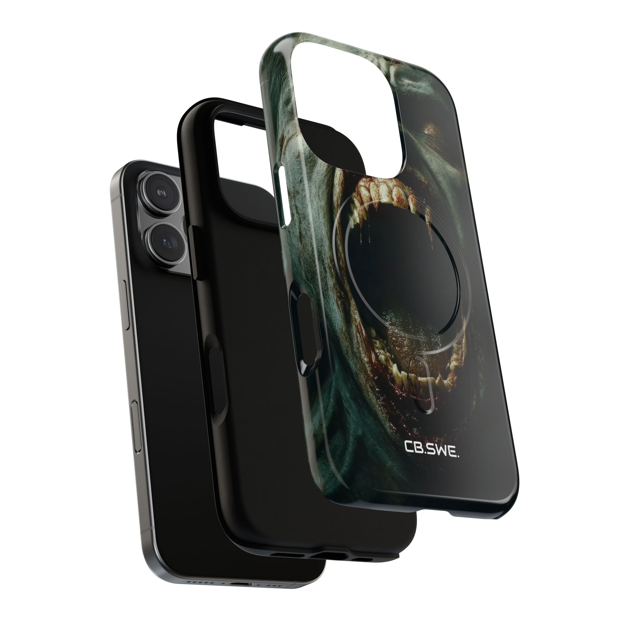 Ein Zombie mit scharfen Zähnen und offenem Mund, der Vampir zeigt. iPhone 16 – Robust+