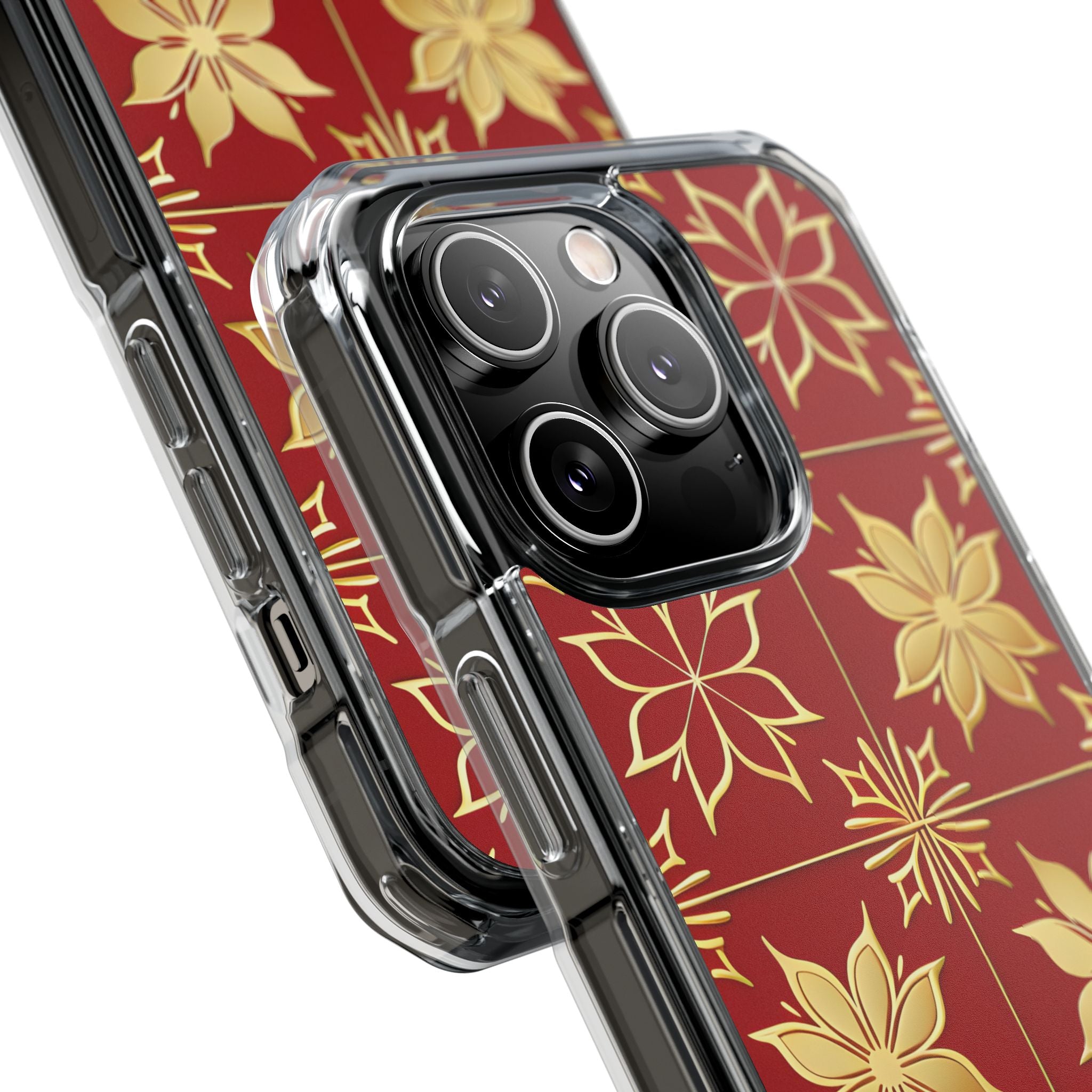 Elegantes Gold Floral Seamless Rich Red iPhone 14 - Impact Clear+