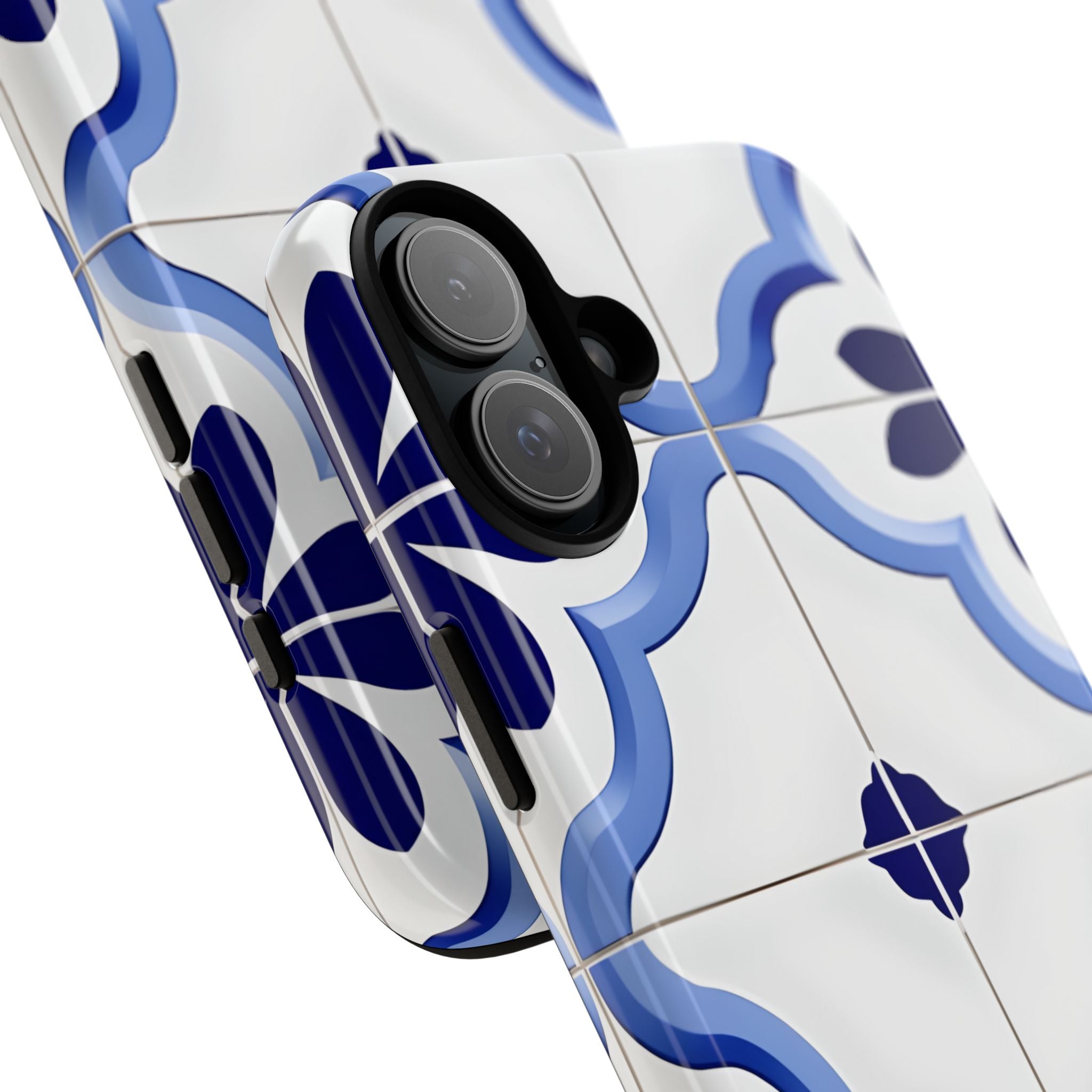 Elegant Blue Floral Geometric Tile iPhone 16 - Tough