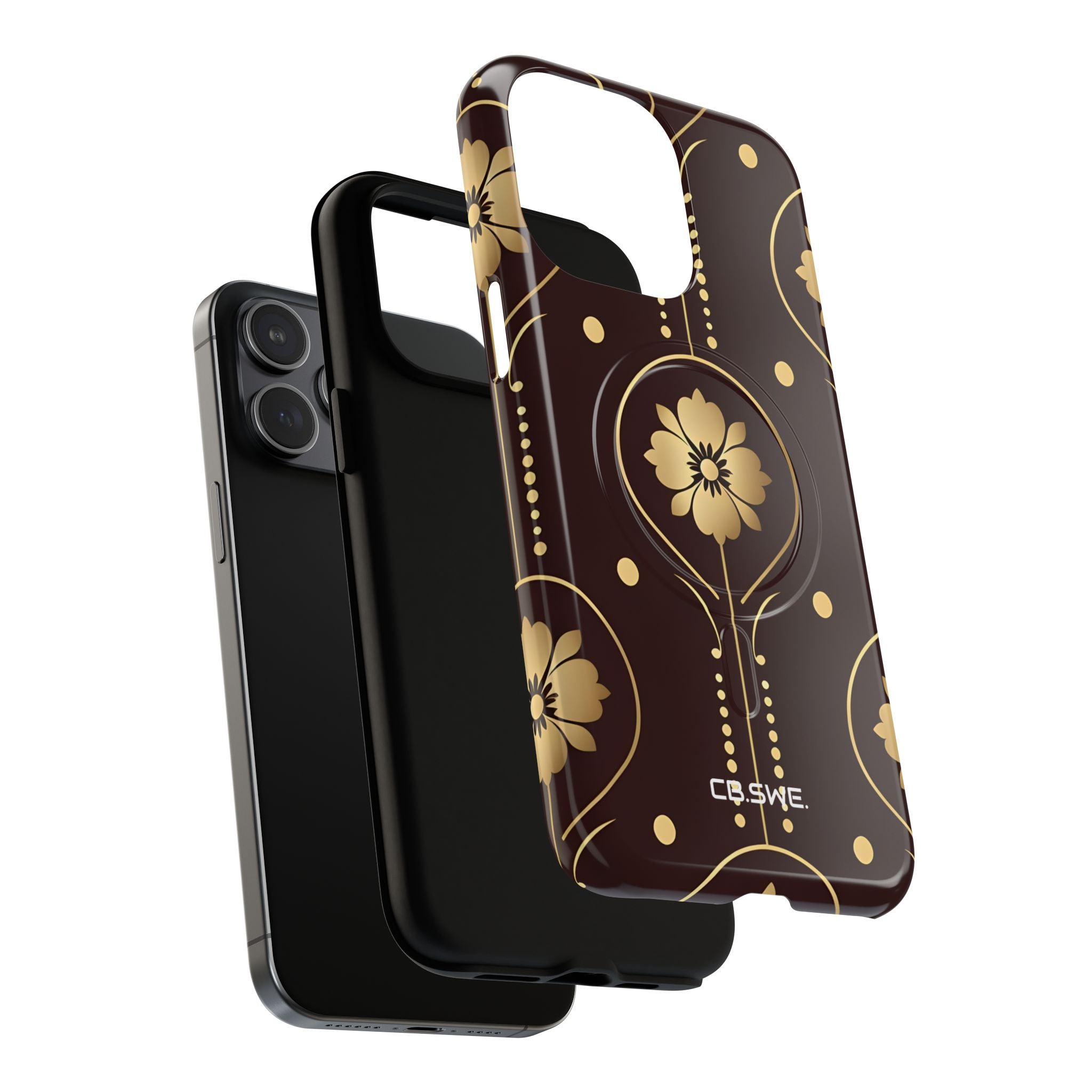 Elegant Gold Floral Symmetrical on Dark Brown iPhone 15 - Tough+