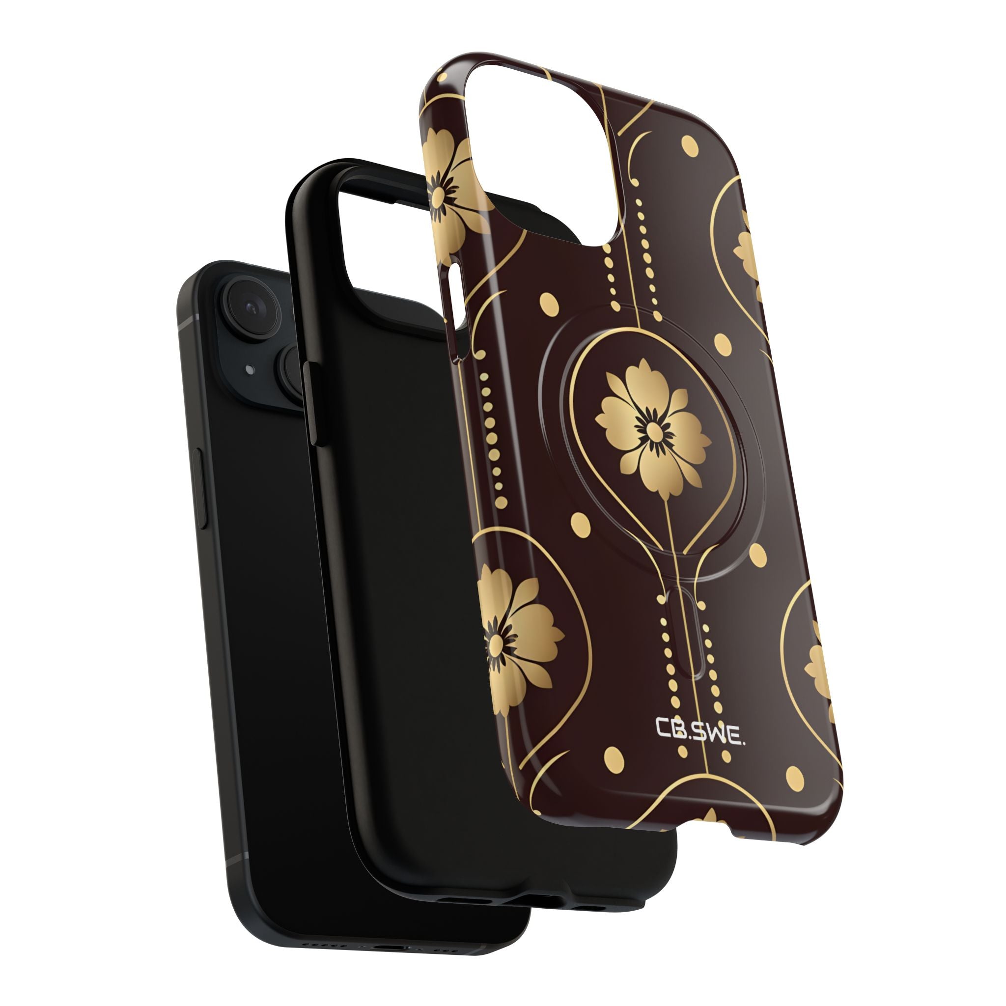Elegant Gold Floral Symmetrical on Dark Brown iPhone 15 - Tough+