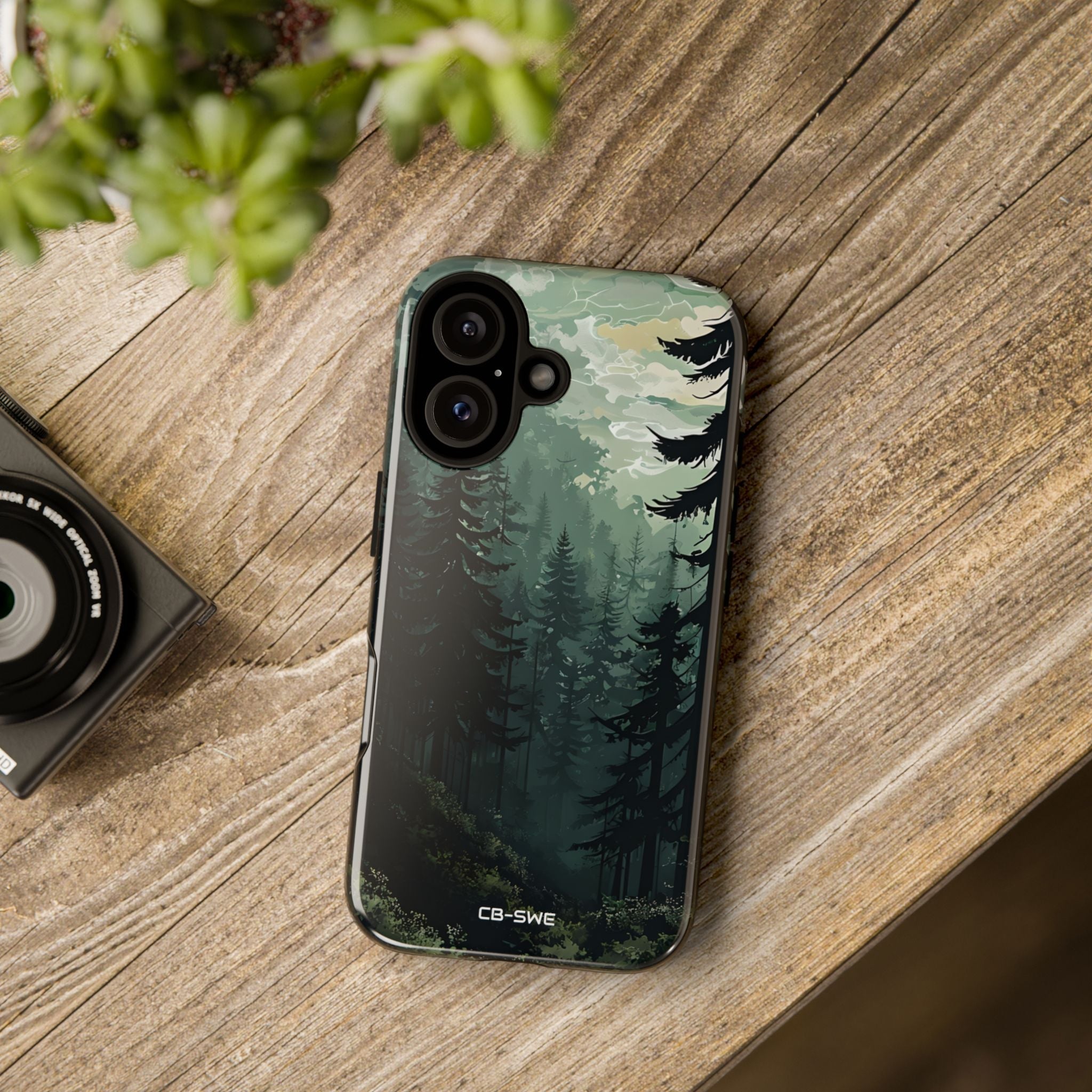 Forest and trees phone case designs with leafy patterns and natural green tones