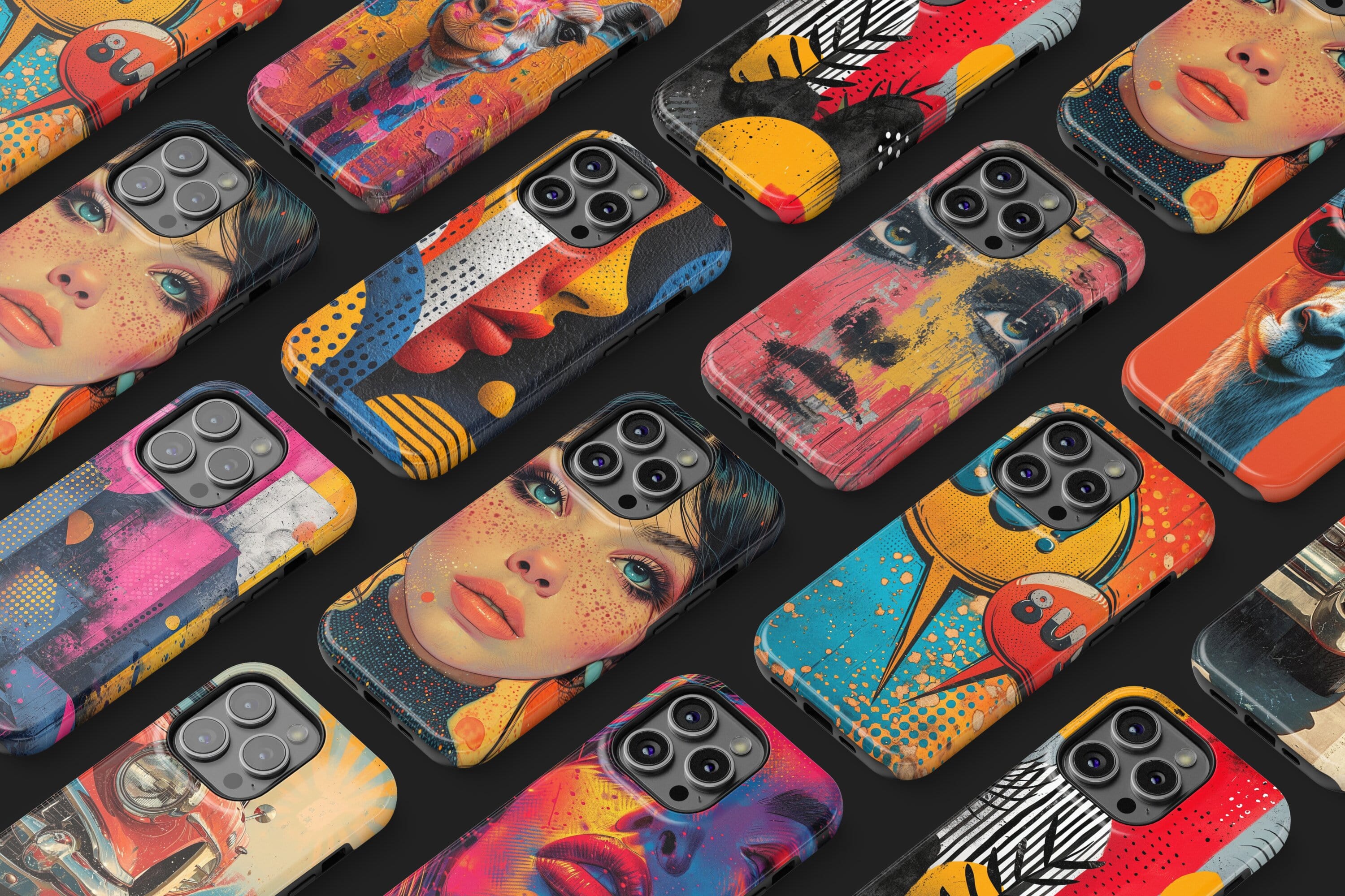 Pop art phone case designs with bold colors, graphic shapes, and vibrant contrasts