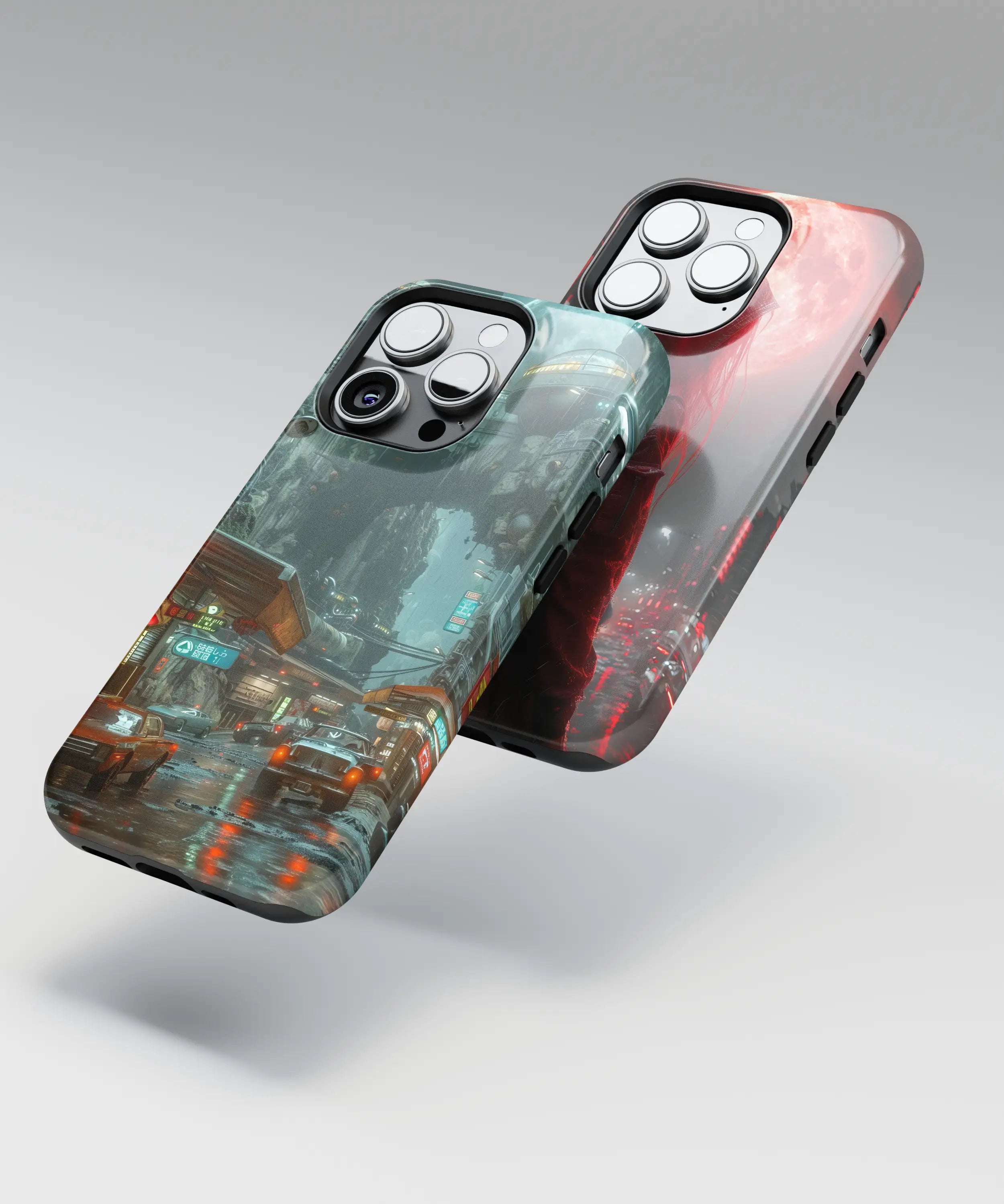 Futuristic phone case designs with metallic accents and advanced geometric light effects.