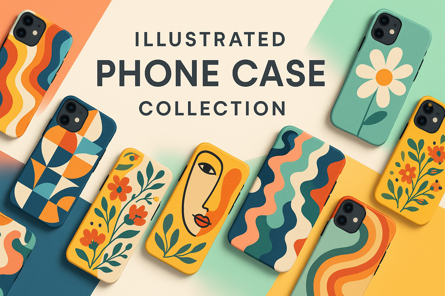 Illustrated phone case designs with hand-drawn artistic details