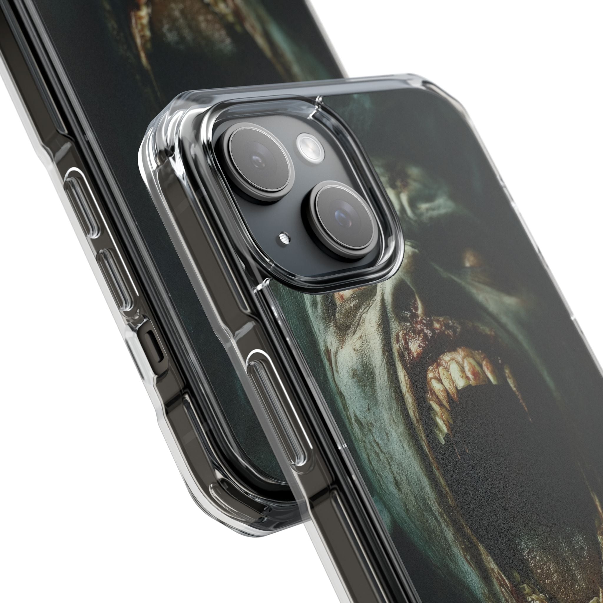 Ein Zombie mit scharfen Zähnen und offenem Mund, der Vampir zeigt. iPhone 15 – Impact Clear+