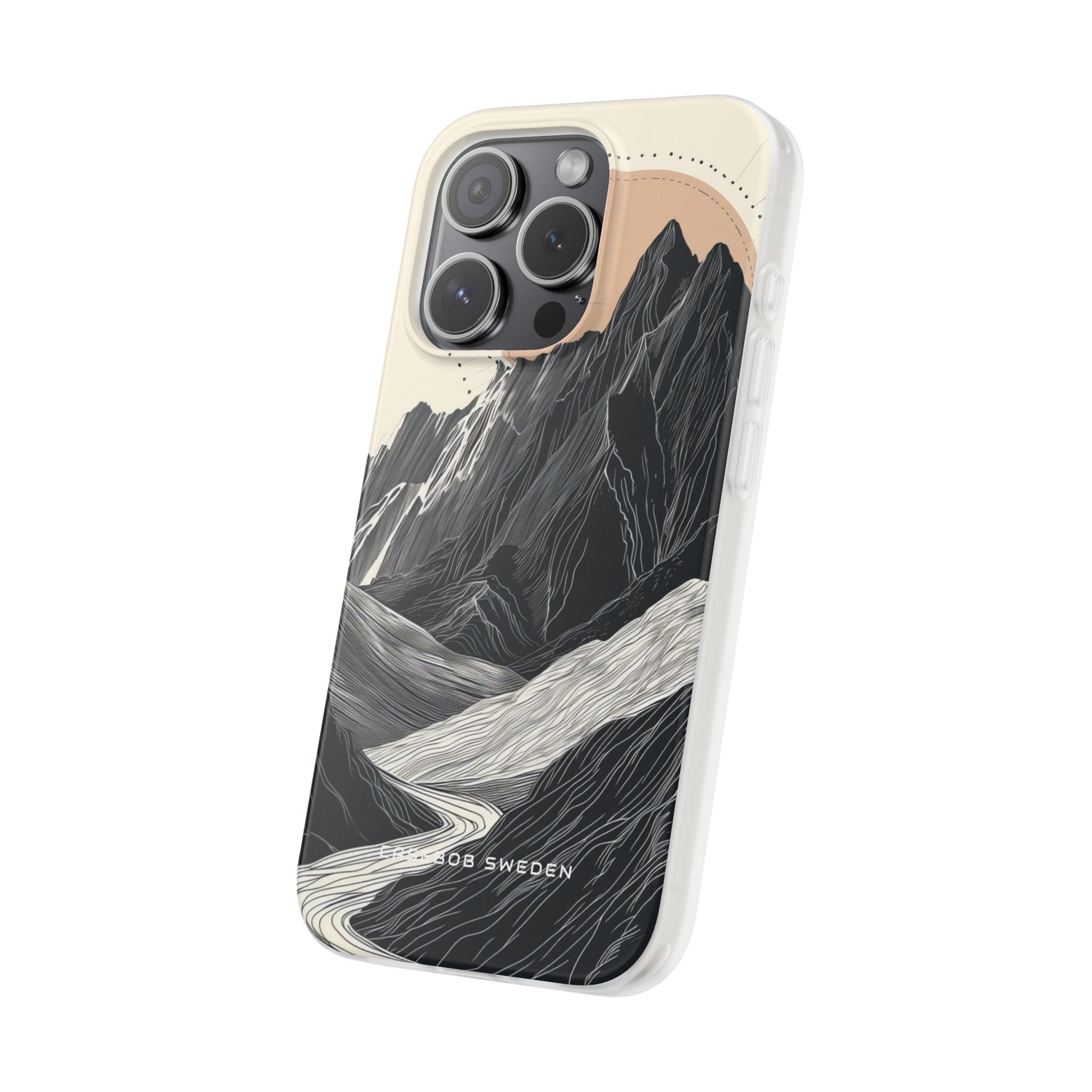 Minimalist Mountain Landscape with Flowing River iPhone 15 - Flexi Phone Case