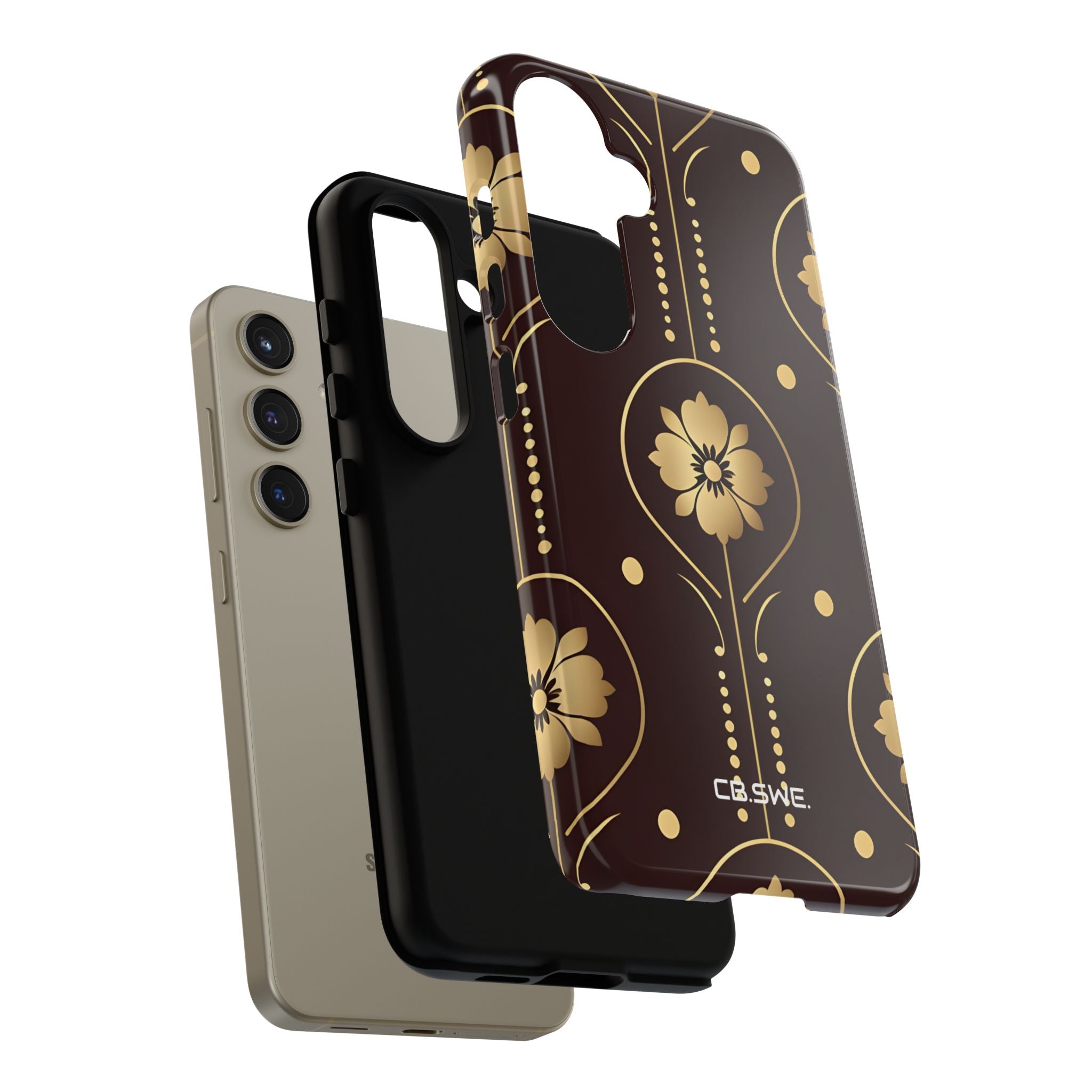 Elegant Gold Floral Symmetrical on Dark Brown Samsung S24 - Tough