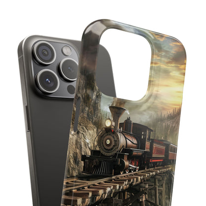 Vintage Steam Train Crossing Mountain Bridge iPhone 15 - Slim Phone Case