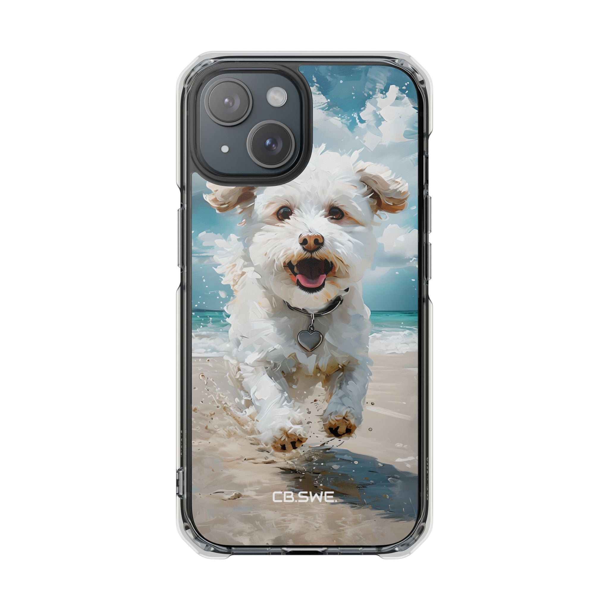 Joyful Fluffy Dog Running on Beach Impressionist Art iPhone 15 - Impact Clear+