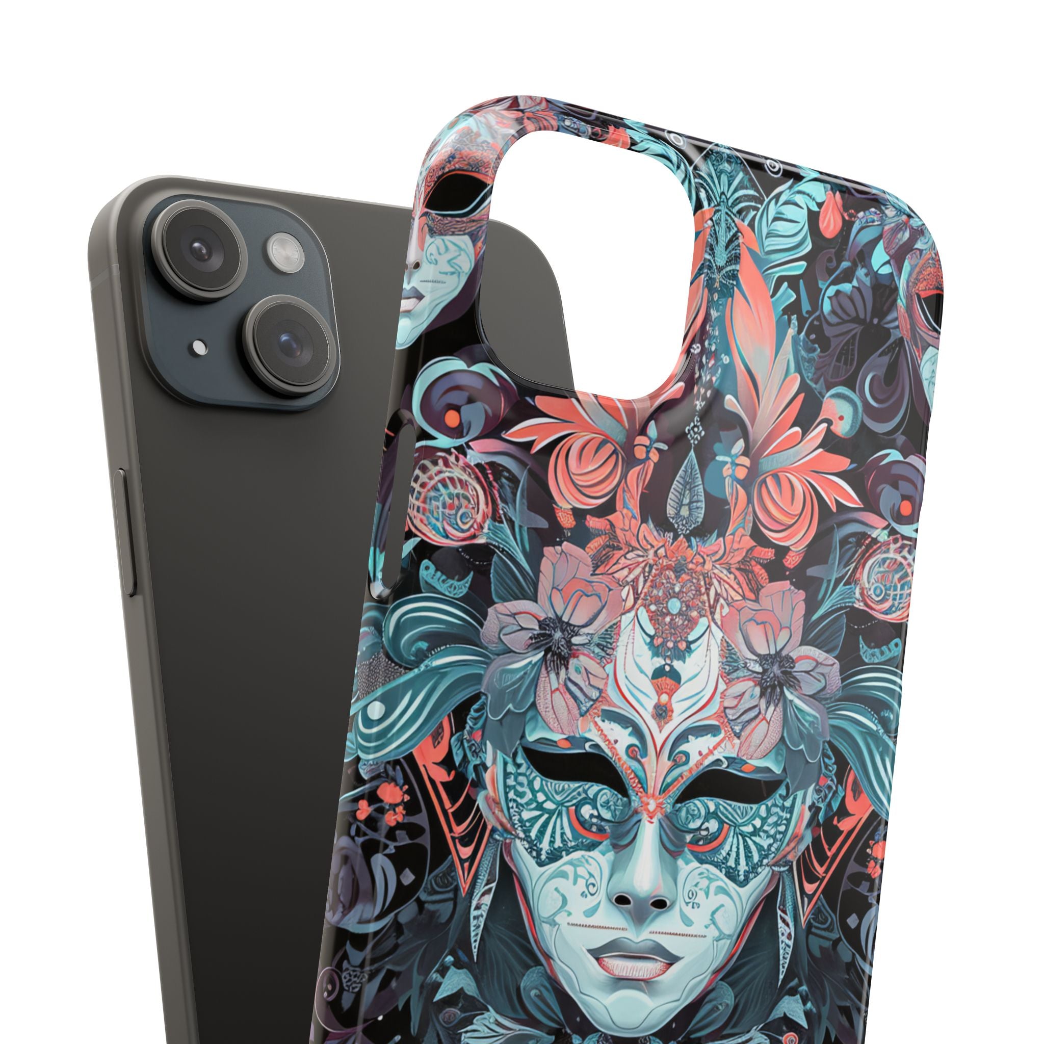 Mystic Teal Coral Mask - Slim iPhone 15 Phone Case