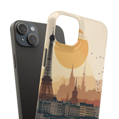 Eiffel Tower Silhouette with Birds and Sun Reflection iPhone 15 - Slim Phone Case